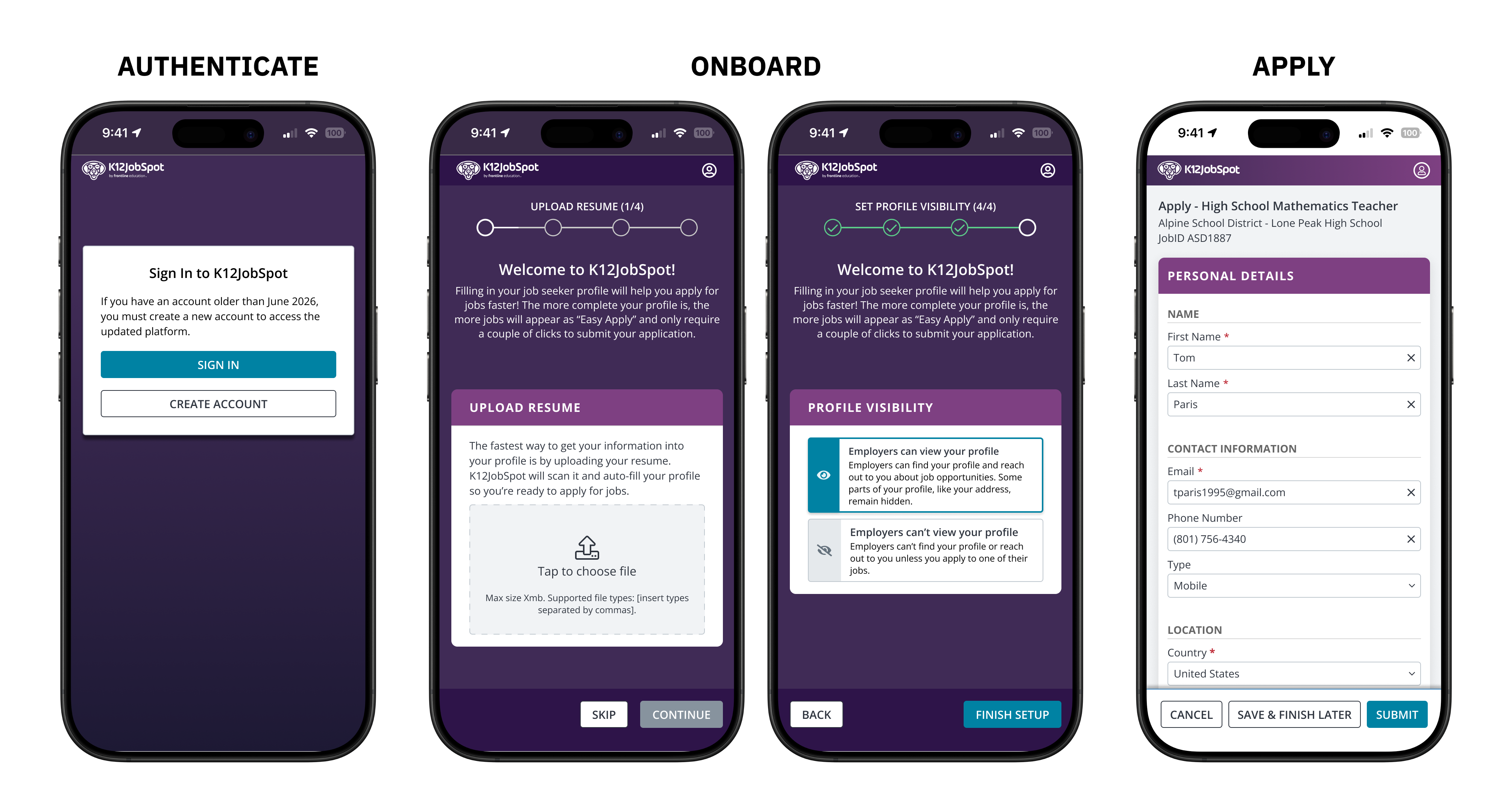 Four K12JobSpot mobile screens labeled Authenticate, Onboard, and Apply, showing a sign-in prompt, resume upload and profile visibility onboarding steps, and a job application form pre-filled with personal details
