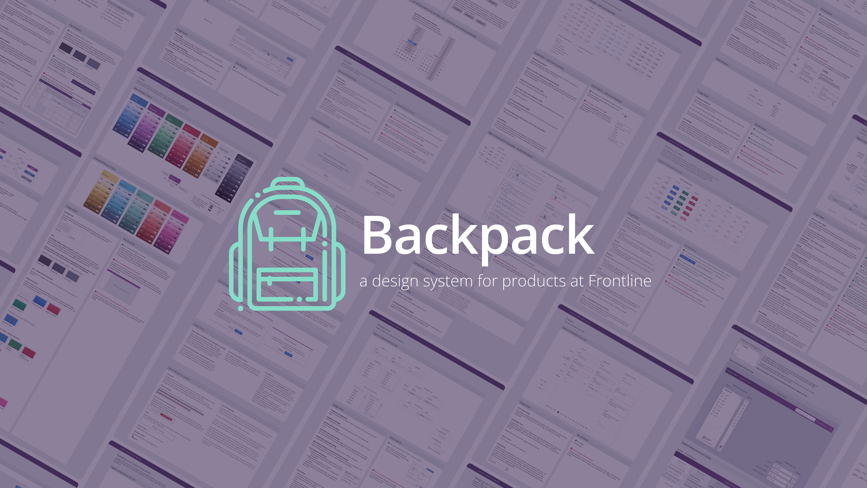 Angled grid of Backpack design system documentation pages, covering color, typography, and component rules, fanning into the distance behind the Backpack logo and wordmark reading "a design system for products at Frontline"