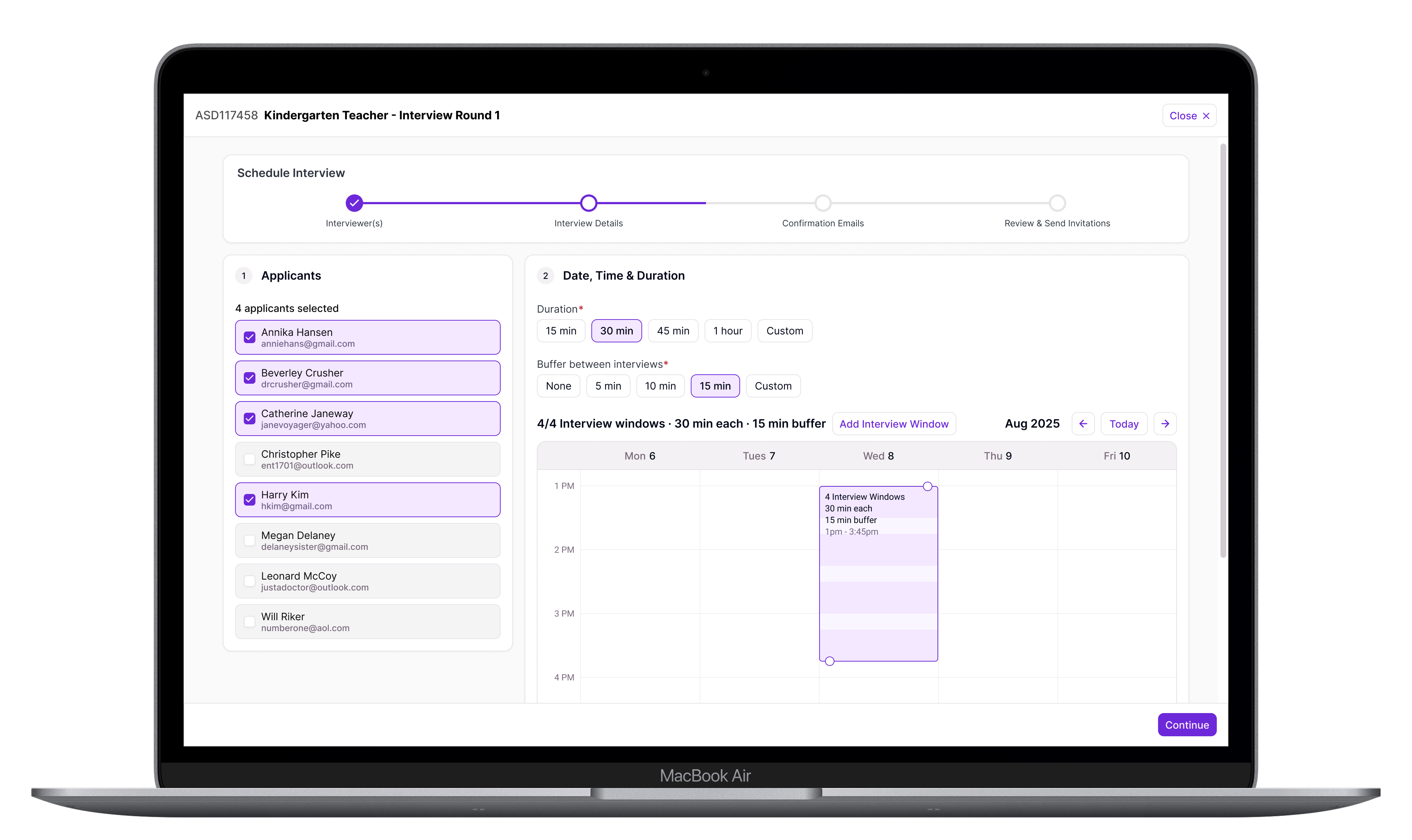 Screenshot of the Recruiting & Hiring interview scheduler mid-flow, with four applicants selected on the left and a block of four interview windows set on the calendar on the right