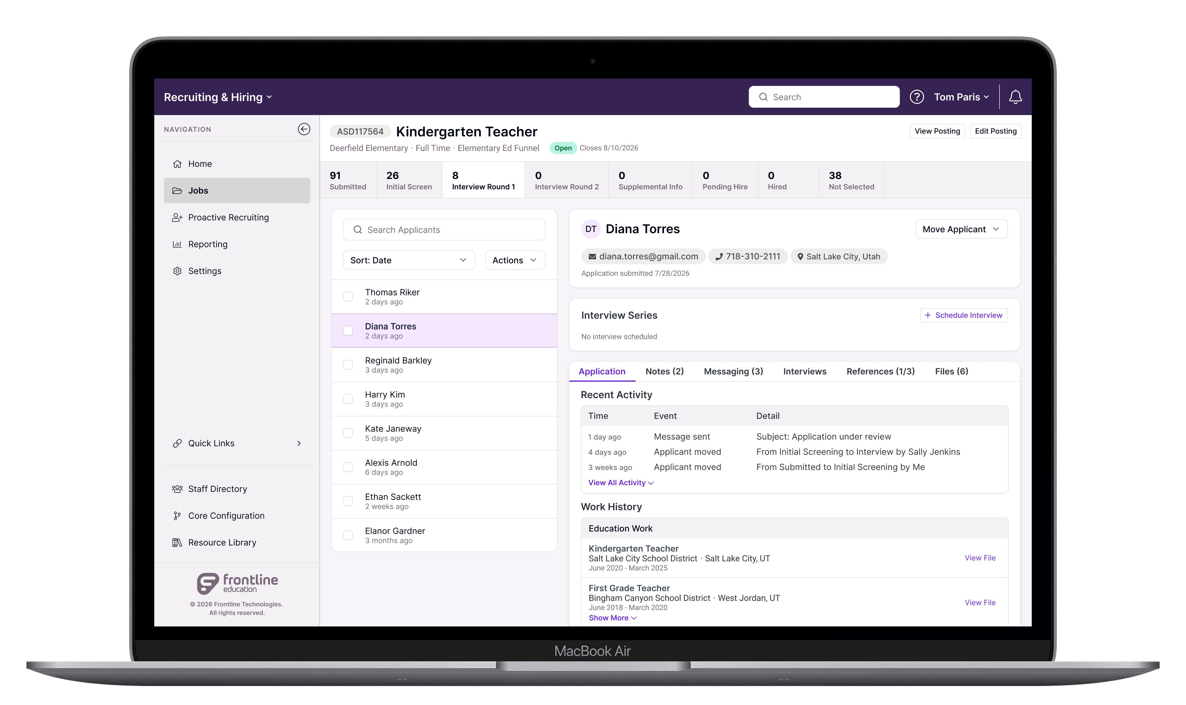 Screenshot of the Recruiting & Hiring applicant list with a candidate selected, showing her application details next to an empty Interview Series panel with a Schedule Interview button