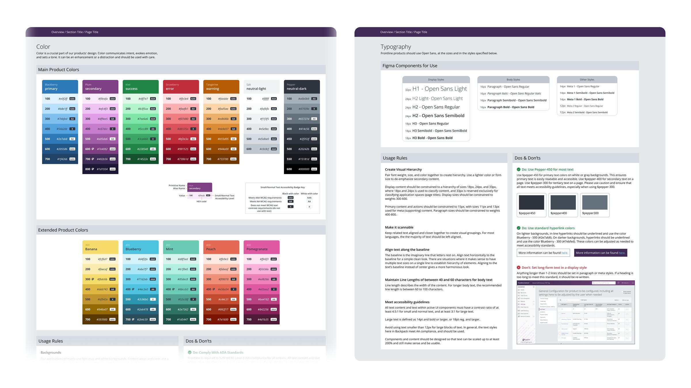 Backpack documentation pages for Color, showing primary and extended product color ramps with accessibility badges, and Typography, showing the Open Sans type scale, usage rules, and dos and don'ts