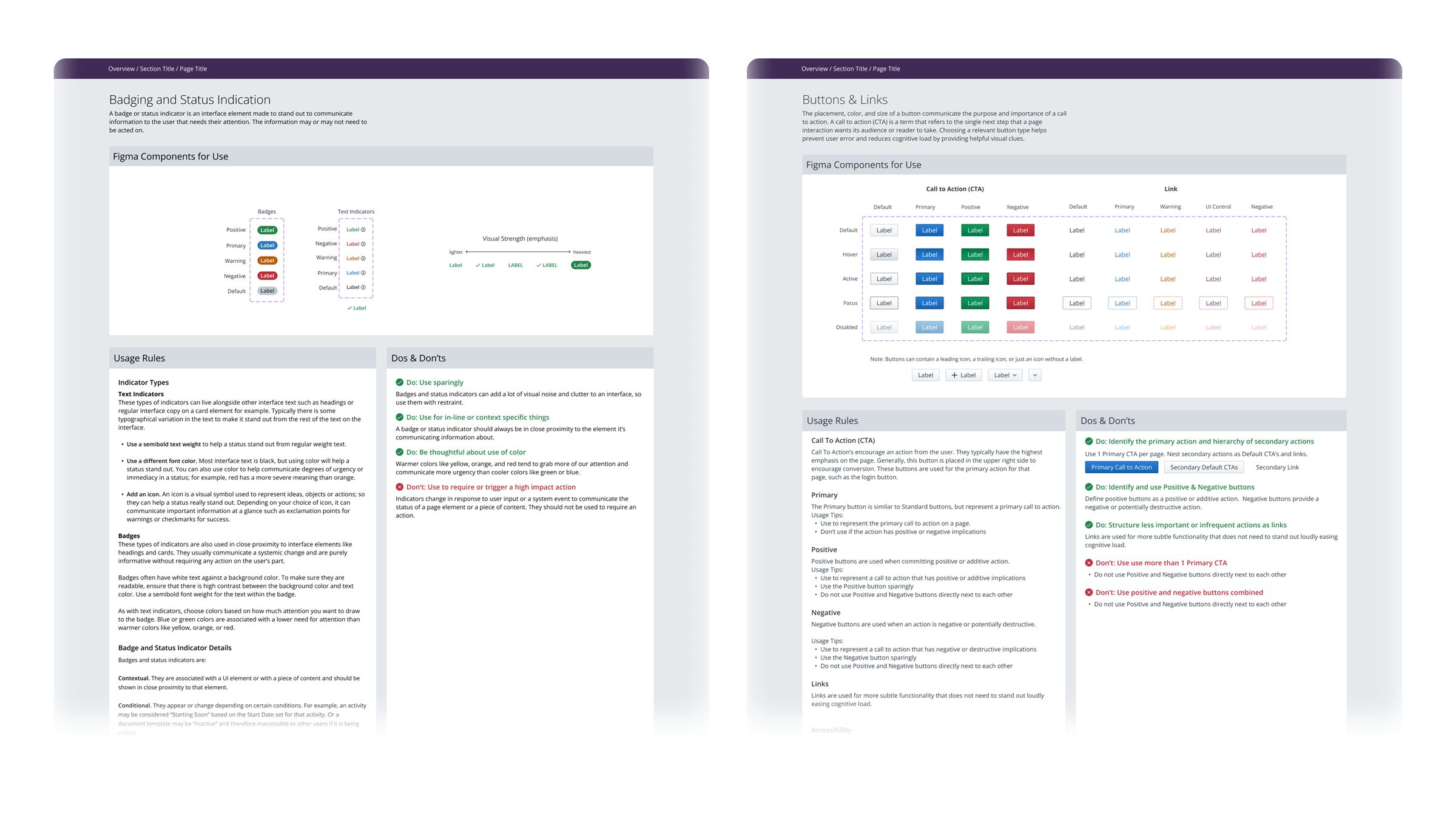 Backpack documentation pages for Badging and Status Indication, showing badge and text indicator variants, and Buttons and Links, showing the full CTA, default, and link button matrix with usage rules and dos and don'ts