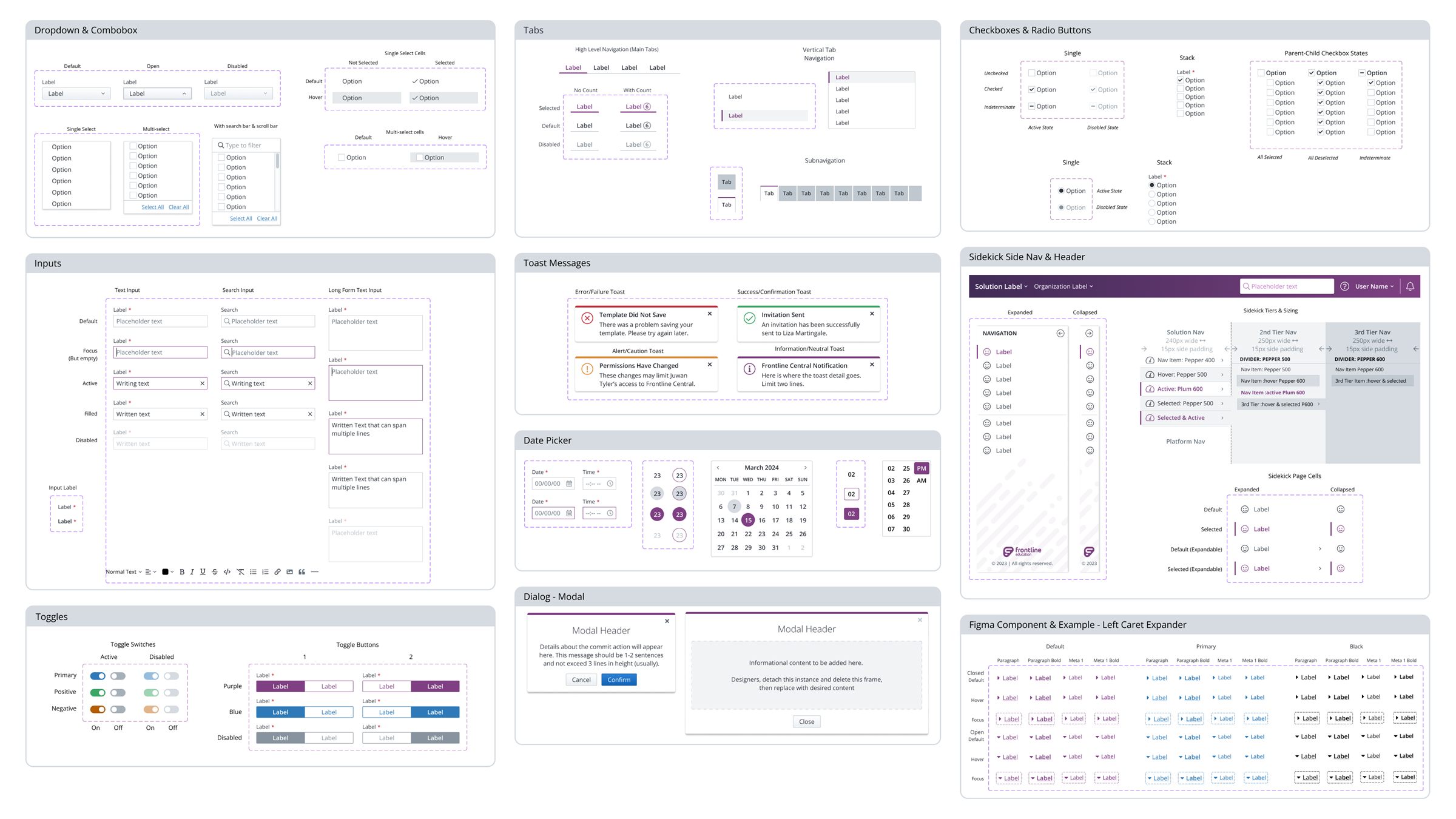 Grid of Backpack component specs including dropdowns, tabs, checkboxes and radio buttons, inputs, toast messages, sidekick side nav and header, date pickers, dialogs, toggles, and a left caret expander