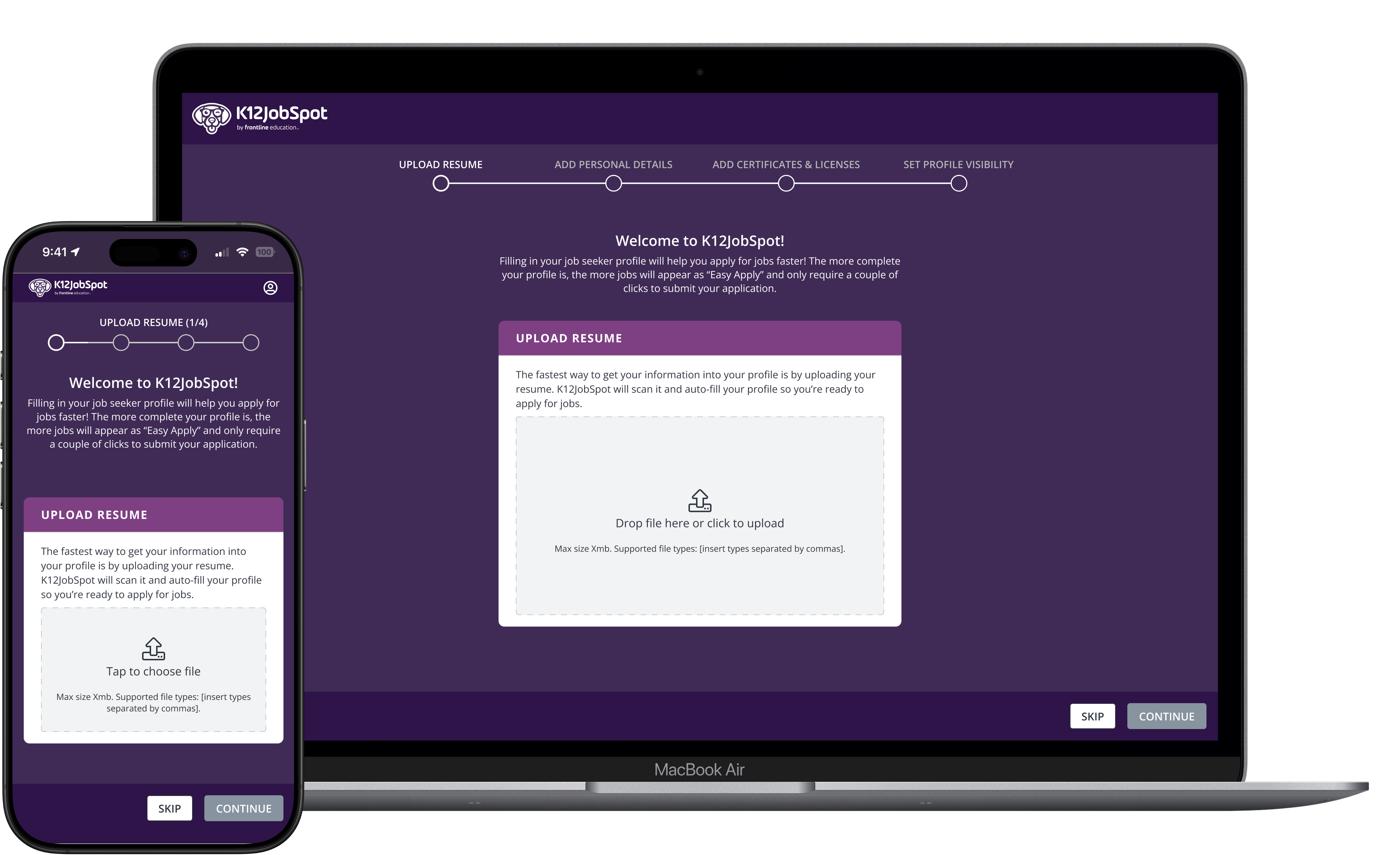 Screenshot of the K12JobSpot onboarding flow's Upload Resume step, with a stepper for Upload Resume, Add Personal Details, Add Certificates & Licenses, and Set Profile Visibility