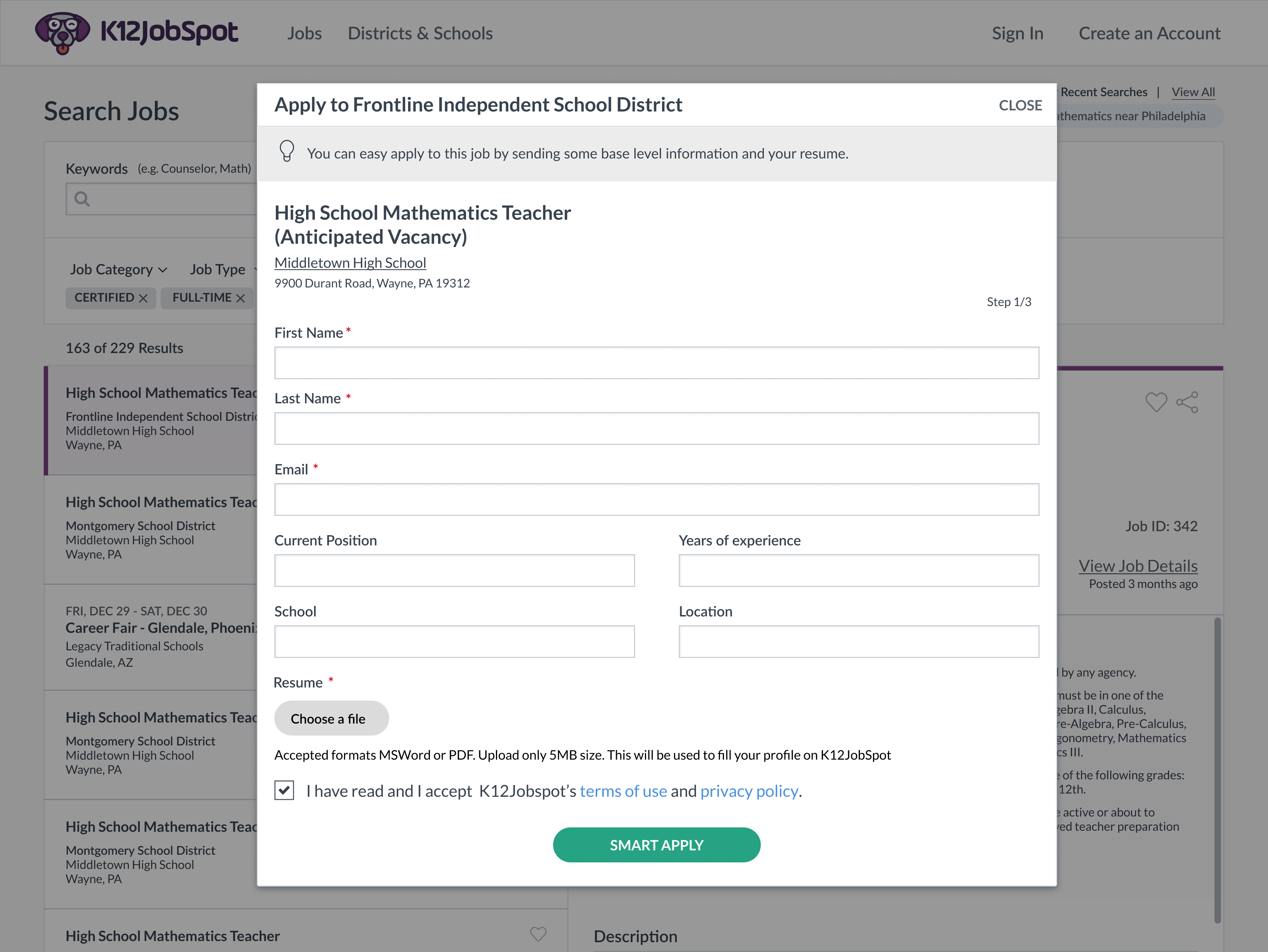 Screenshot of an early Easy Apply concept, a modal for applying to a job with base-level information and a resume upload, labeled Step 1 of 3