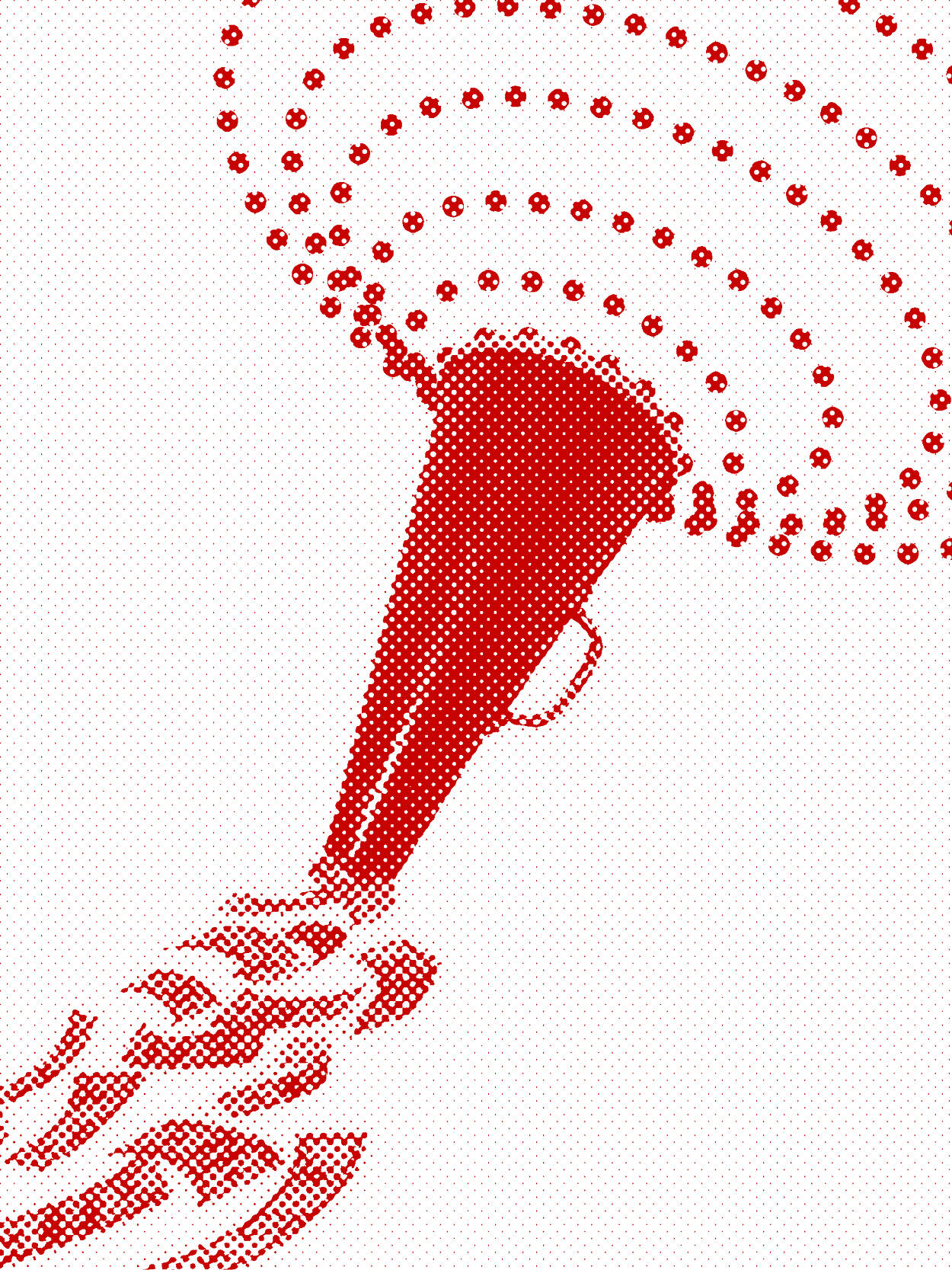 Red halftone illustration of a hand holding up a phone with signal waves radiating outward