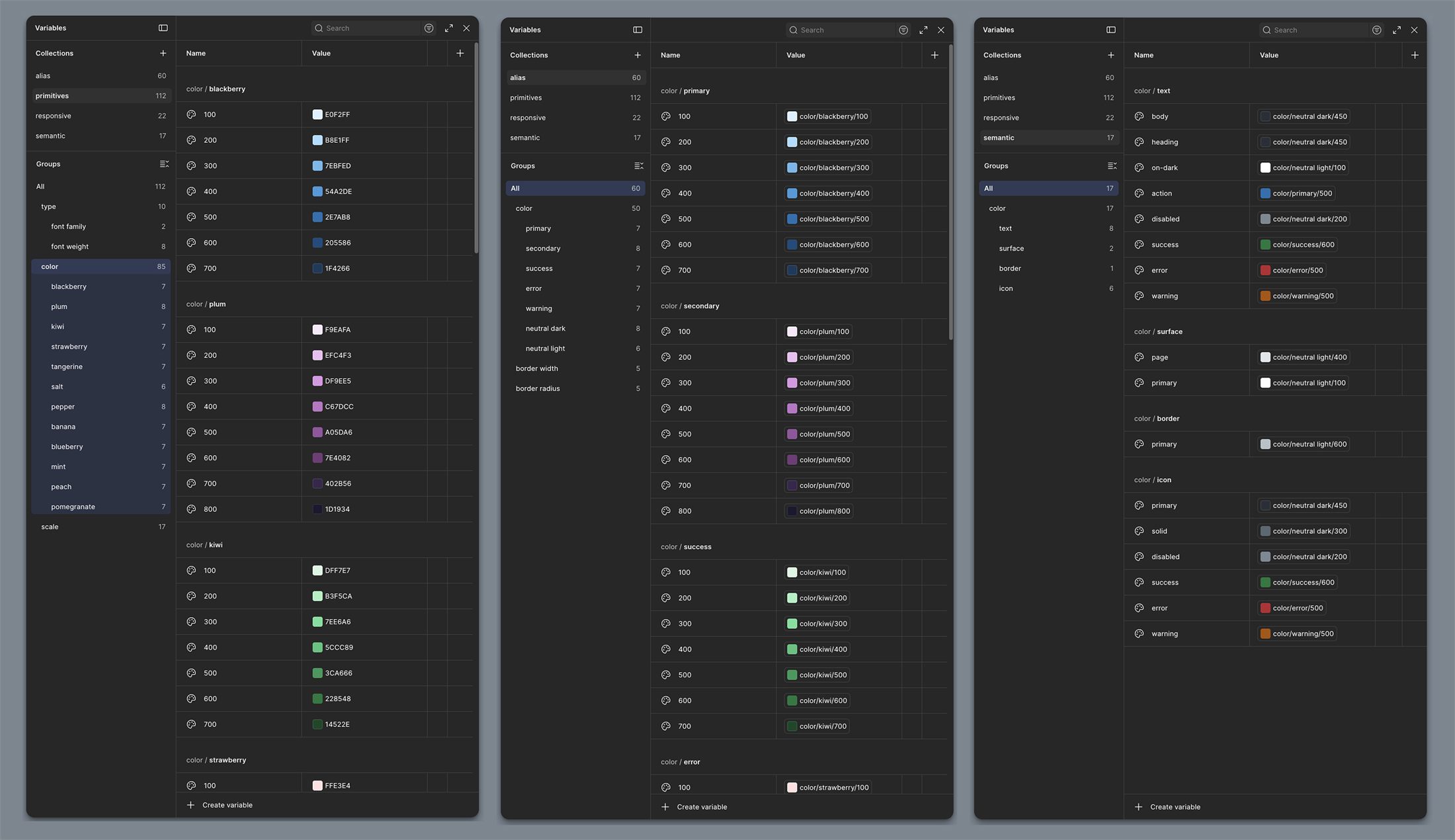Three Figma variables panels showing primitive color scales and semantic text, surface, border, and icon color aliases built on top of them