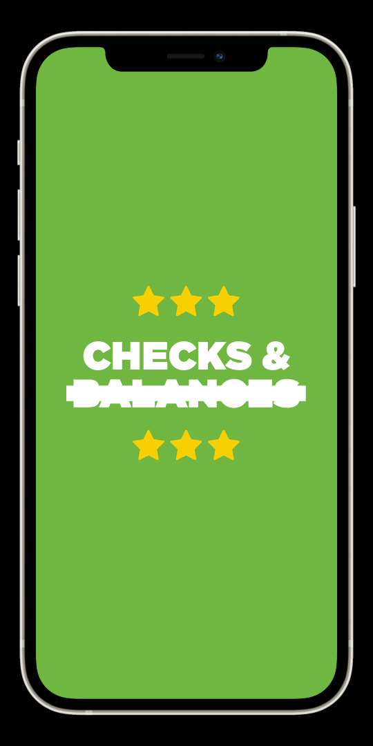 Animated phone mockup of the Checks & Balances app opening from its splash screen to a list of representatives at every level of government, with the user's senator highlighted