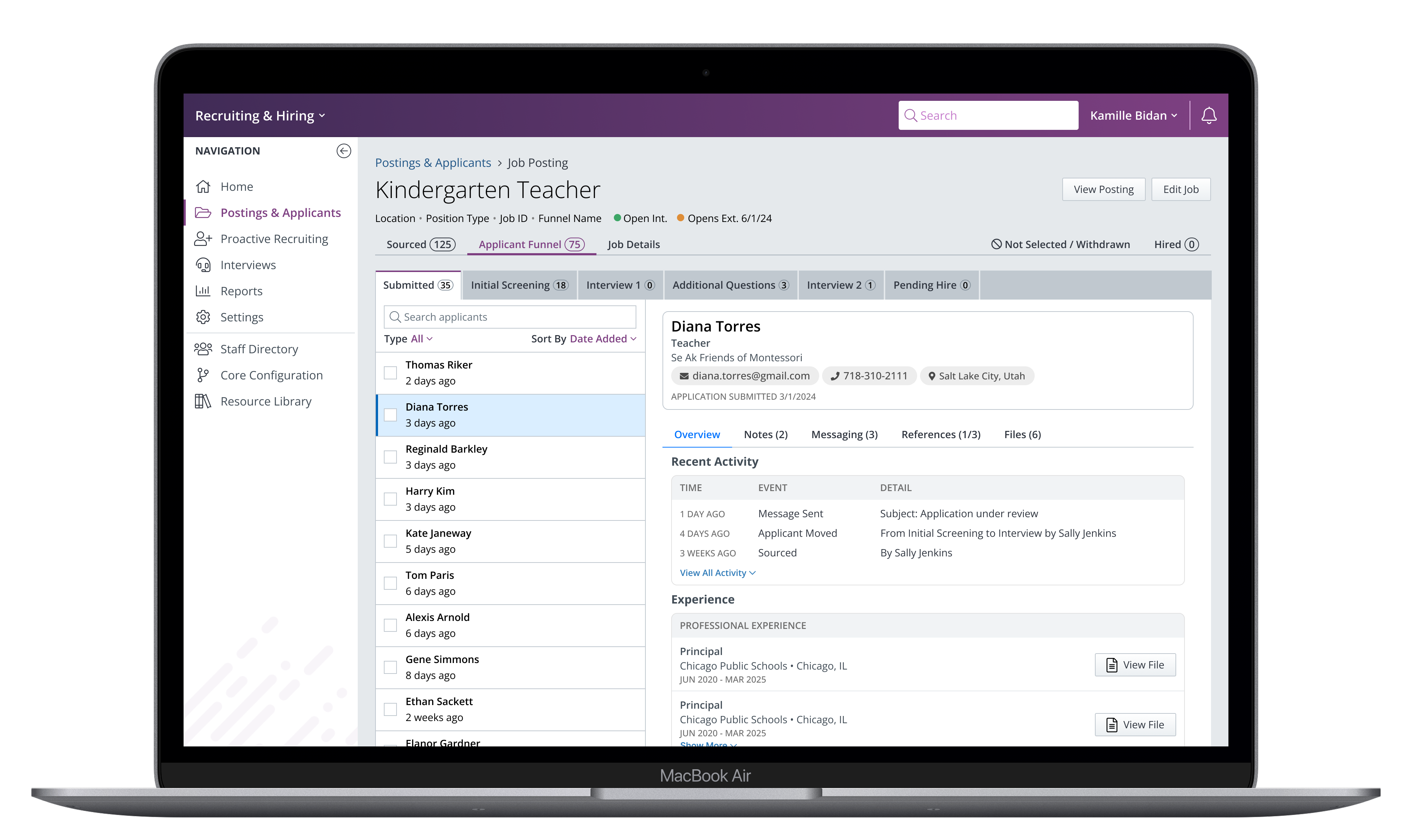 Recruiting & Hiring product screen shown on a laptop, styled with Backpack components: a purple app header, sidebar navigation, a tabbed applicant funnel with a list of candidates, and a selected applicant's detail panel showing contact info and recent activity