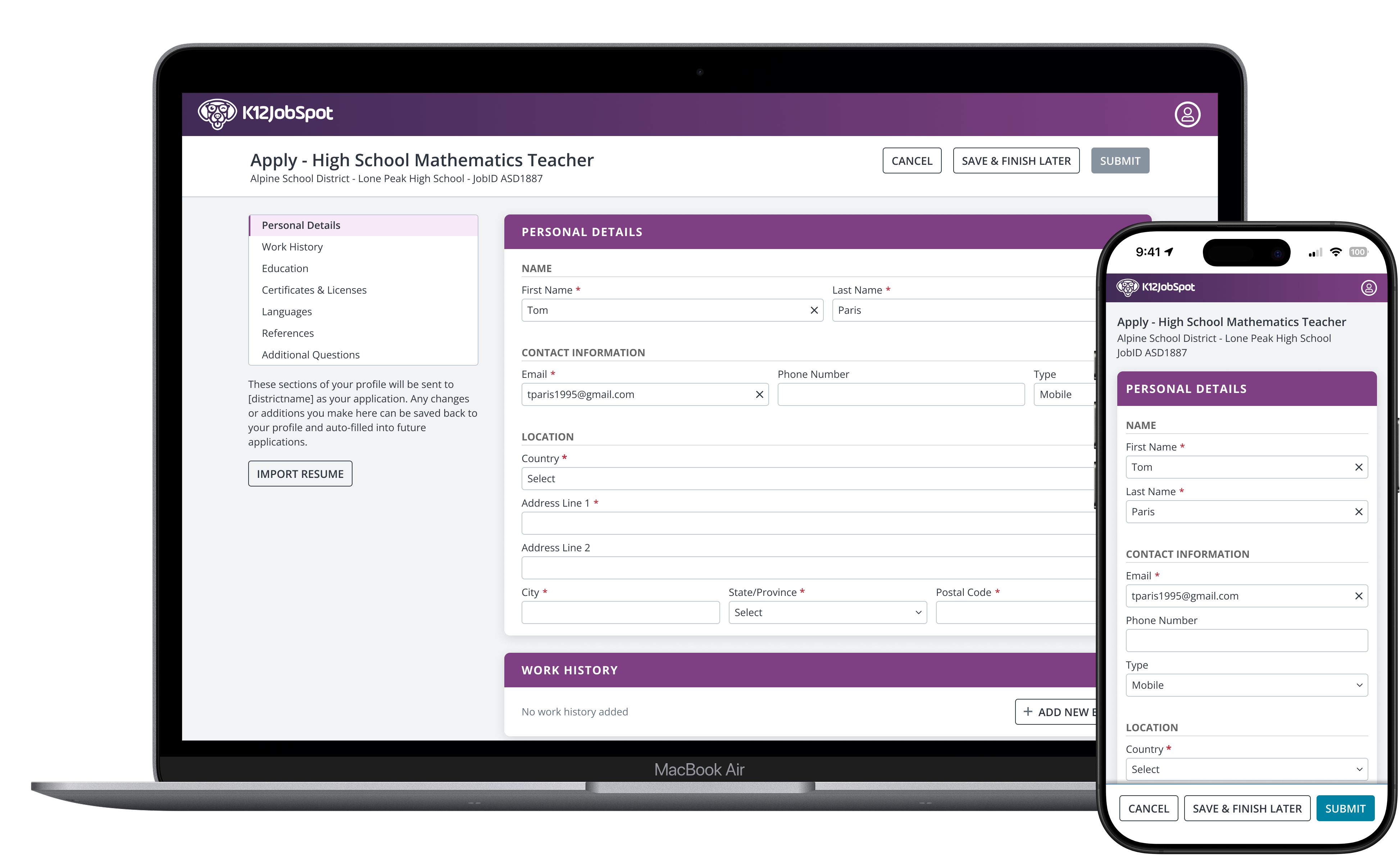 K12JobSpot's Apply form for a High School Mathematics Teacher position shown on laptop and mobile, with an empty Personal Details section, a sidebar listing profile categories, and no work history added yet