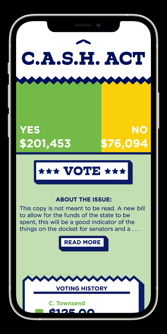 Animated phone mockup of the C.A.S.H. Act voting screen, showing running Yes and No dollar totals, a Vote button, and a voting history list