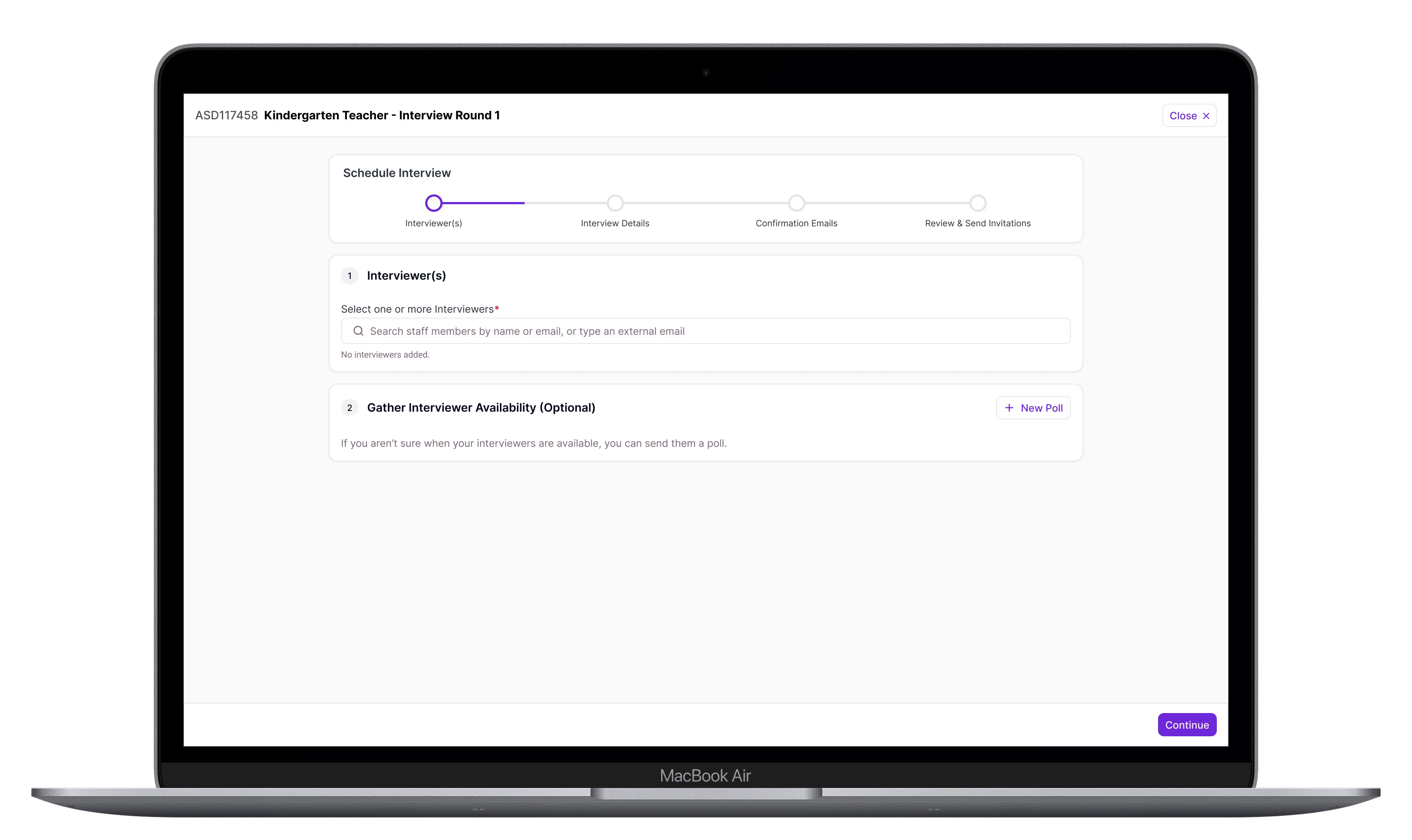 Screenshot of the Schedule Interview modal's first step, showing interviewer selection and an optional Gather Interviewer Availability poll section below it