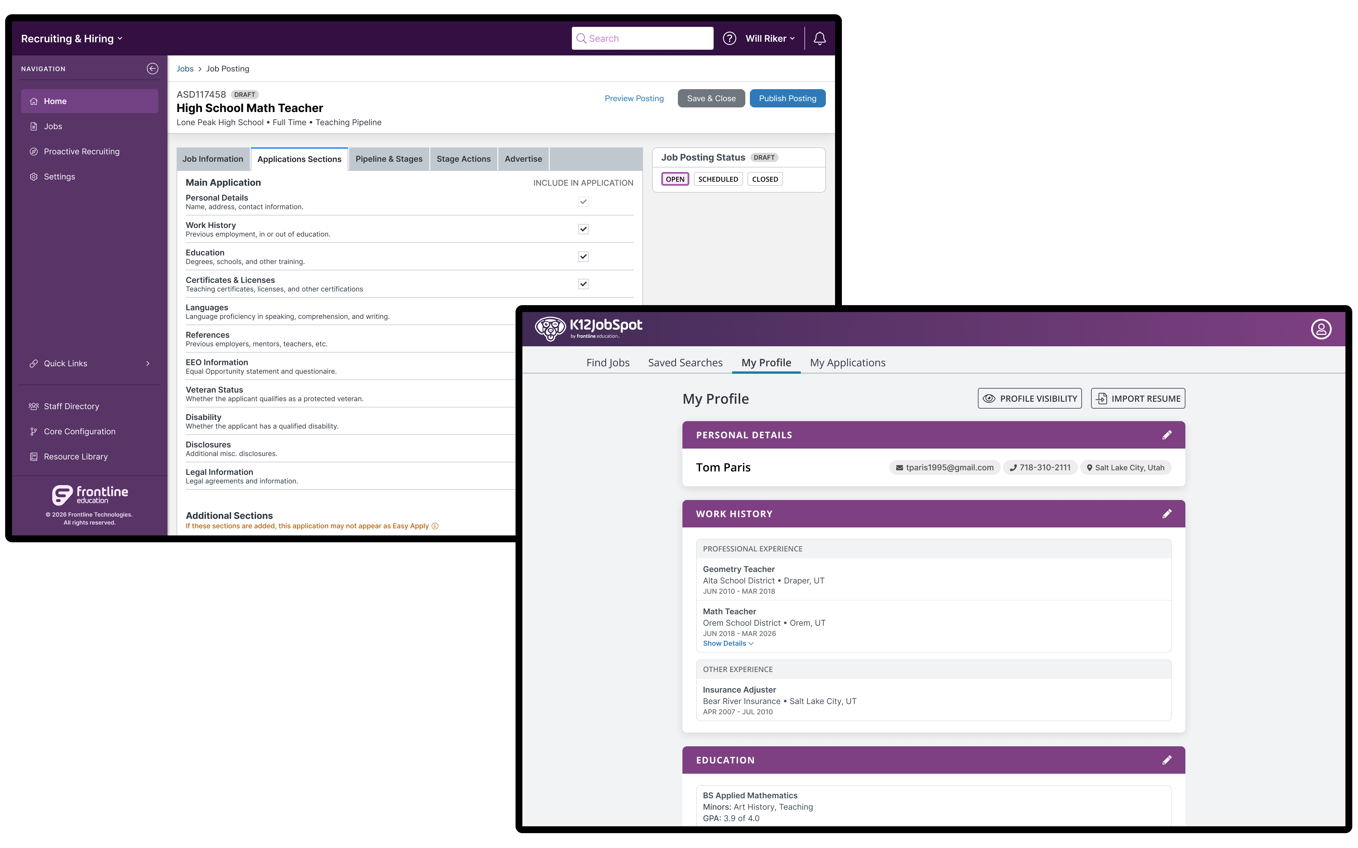 Side-by-side screenshots of a Recruiting & Hiring job posting's application sections configuration next to a job seeker's My Profile page showing the matching sections