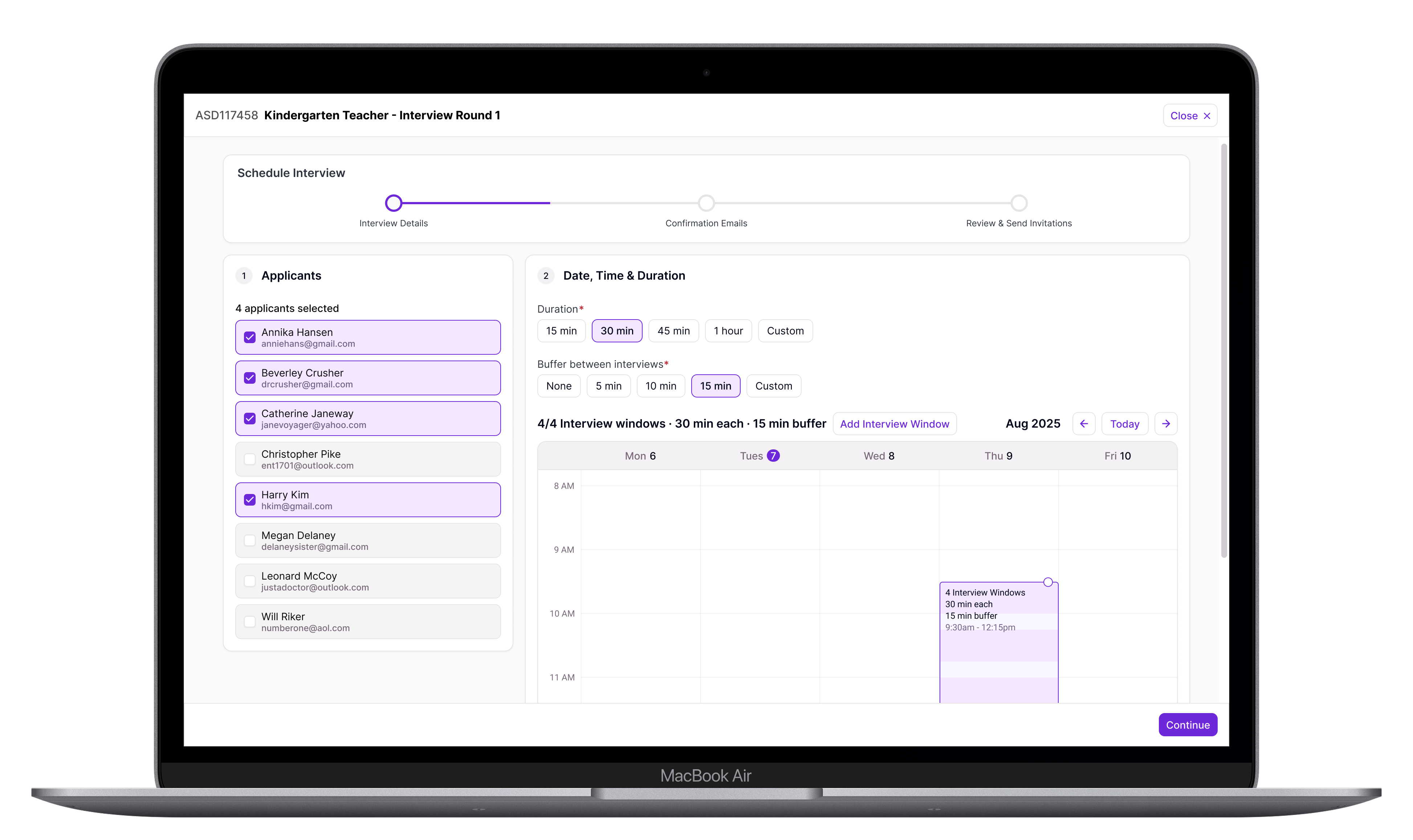 Screenshot of the early prototype's Interview Details step, showing applicants and interviewers selected together on one screen alongside a calendar for setting interview windows