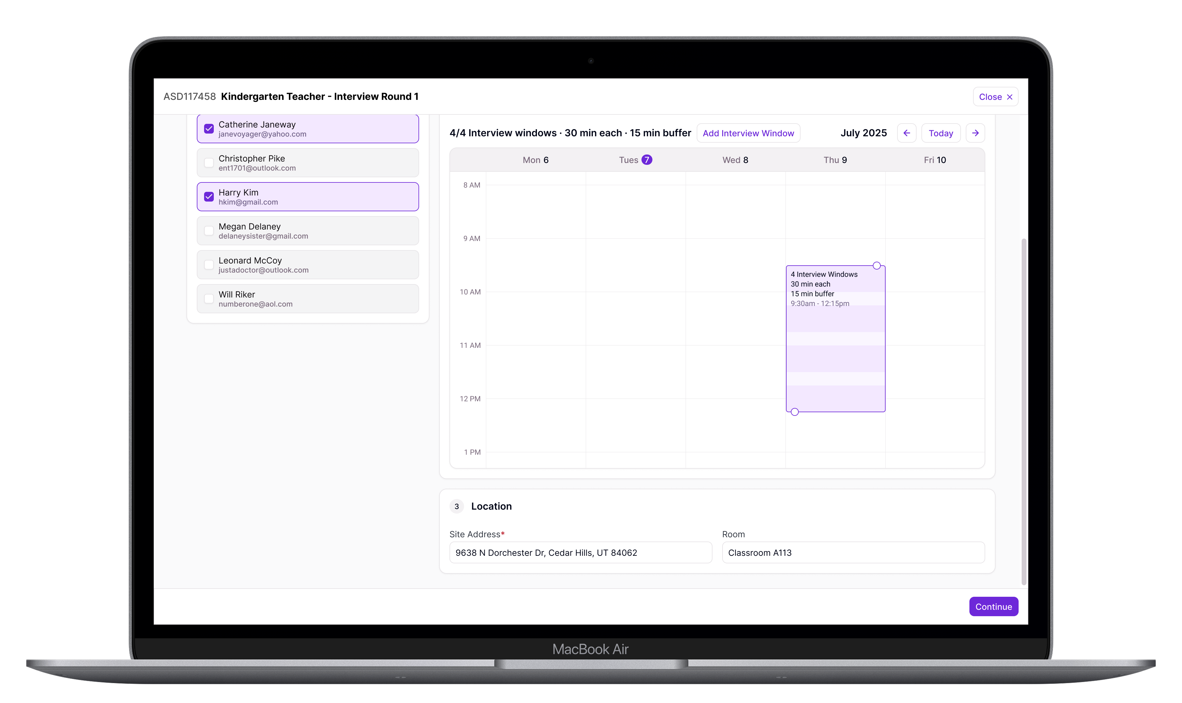 Screenshot of the early prototype's calendar and location fields, with a four-window interview block set and a site address and room entered
