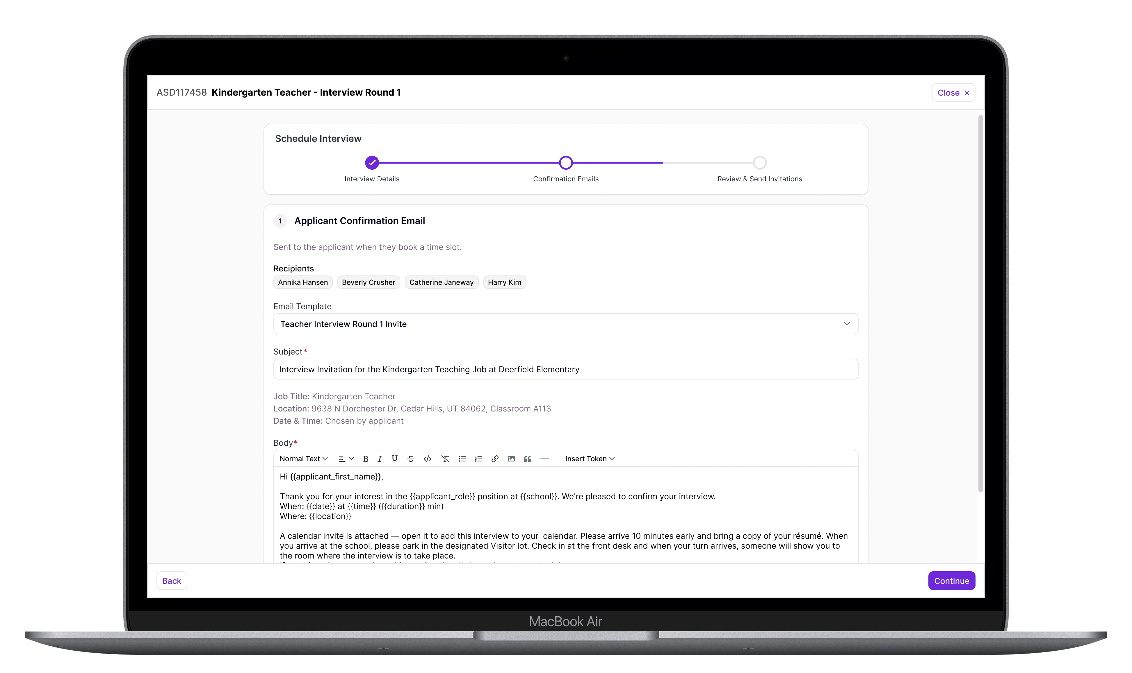 Screenshot of the early prototype's Confirmation Emails step, showing the applicant confirmation email template with recipients, subject, and body populated with merge tokens