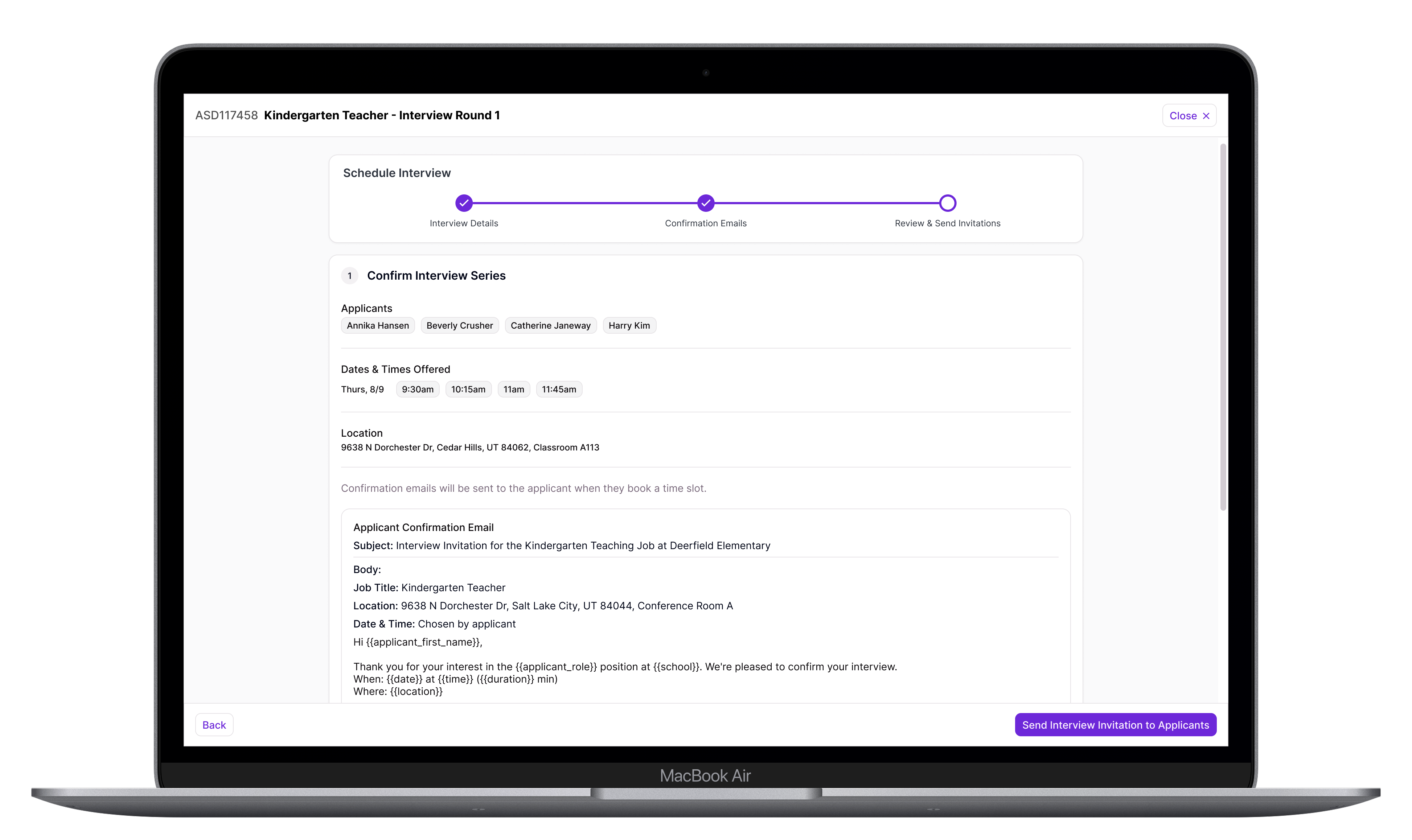 Screenshot of the early prototype's Review & Send Invitations step, showing the confirmed interview series details and a Send Interview Invitation to Applicants button