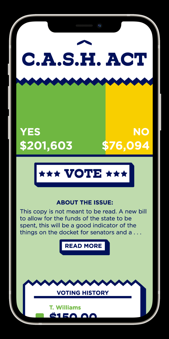Animated phone mockup of the C.A.S.H. Act voting screen with the Yes total increasing in real time as new votes come in