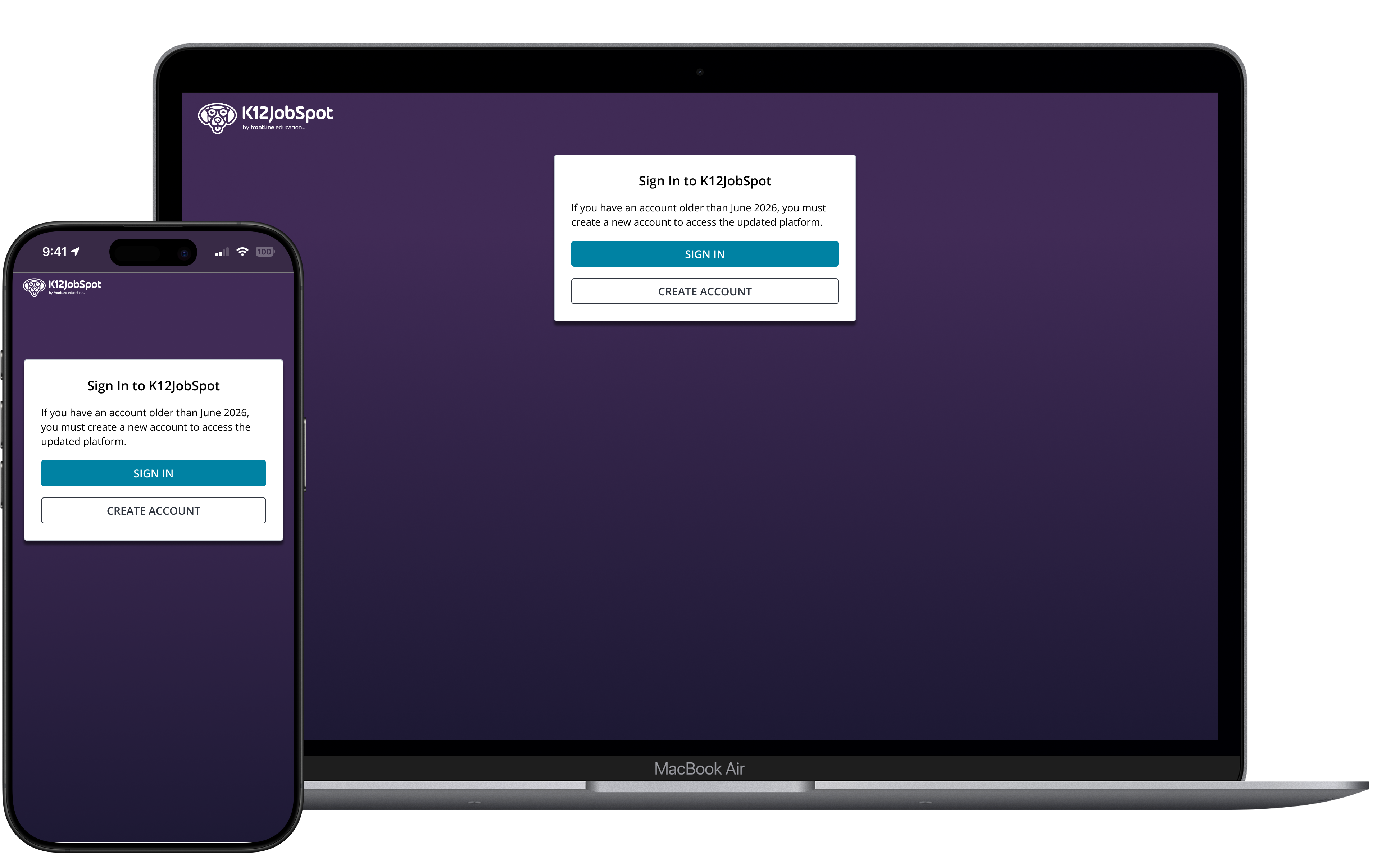 Screenshot of the shipped sign-in modal warning that accounts older than a cutoff date must create a new account, with Sign In and Create Account buttons