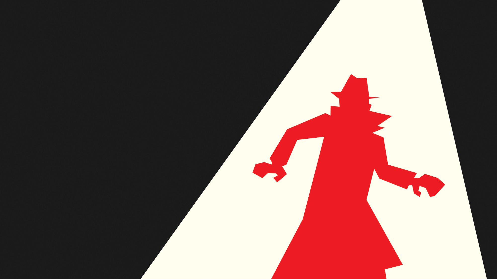 Red silhouette of a trench-coated, fedora-wearing figure stepping into a wedge of light, Saul Bass style
