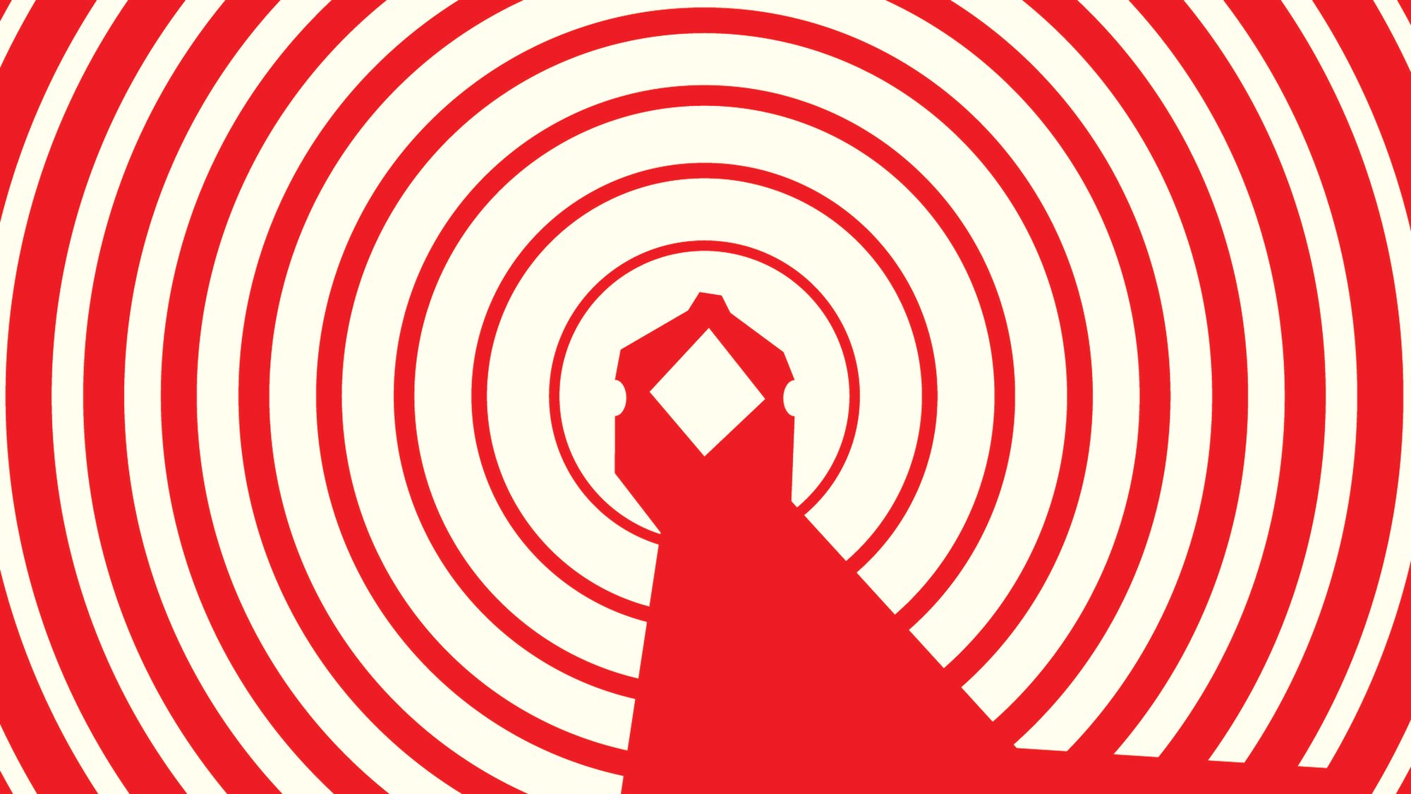 Concentric red rings radiating outward from a small fedora-topped silhouette, like a radar sweep
