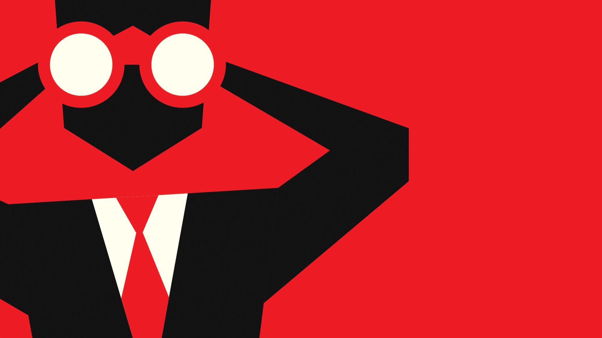 Close-up silhouette of a suited figure peering through round-lensed binoculars against a red background