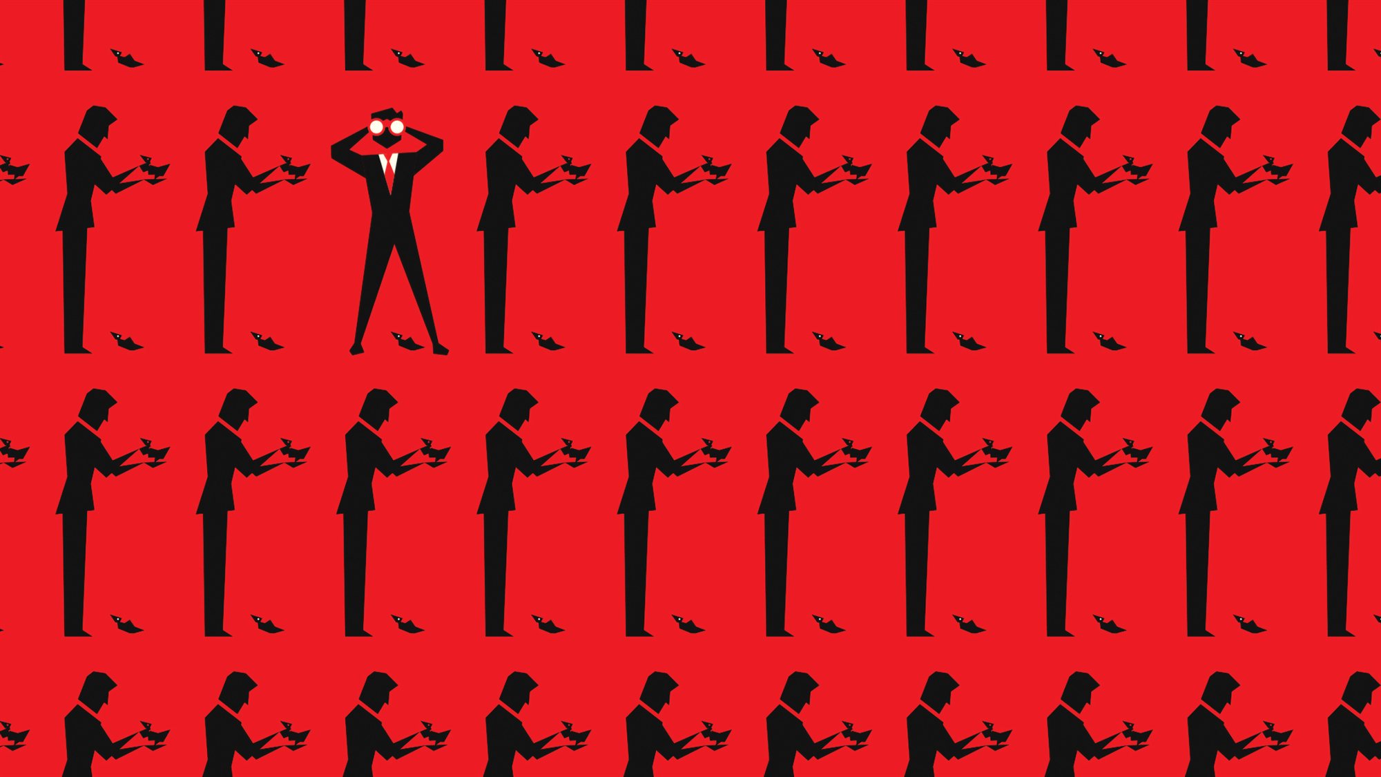 Repeating pattern of identical suited figures holding birds, with one figure breaking formation to look through binoculars