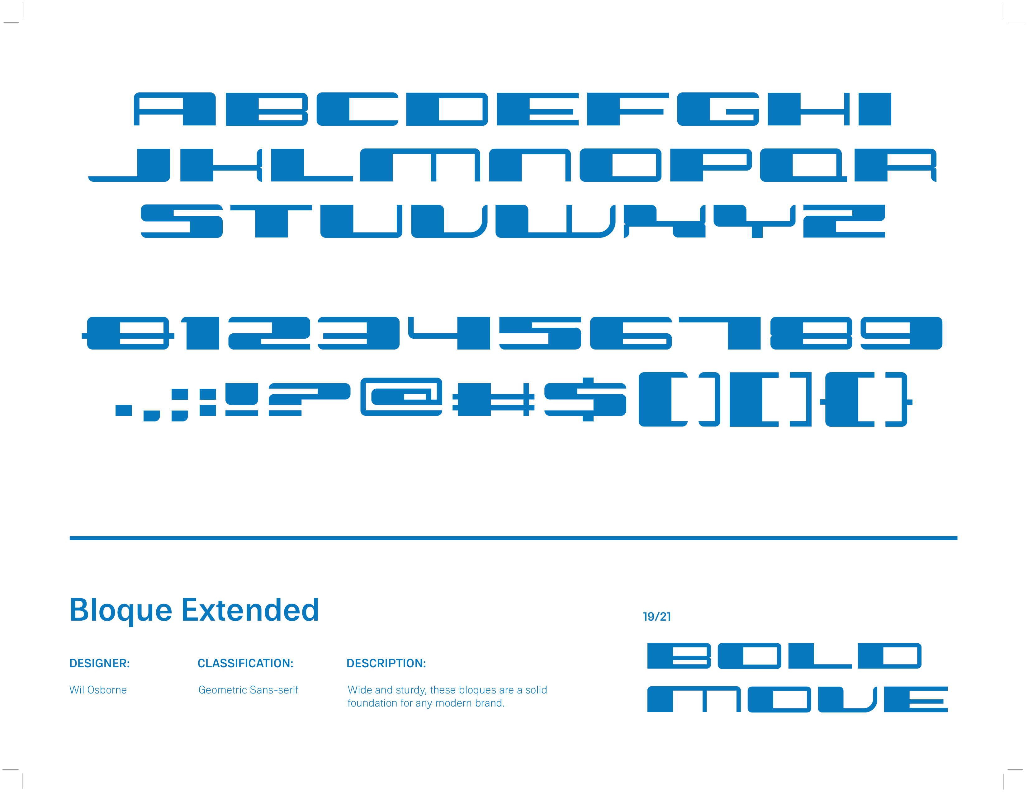 The Bloque typeface specimen, a bold blocky uppercase alphabet built from stacked rectangular forms, representing the Bloque Typeface project