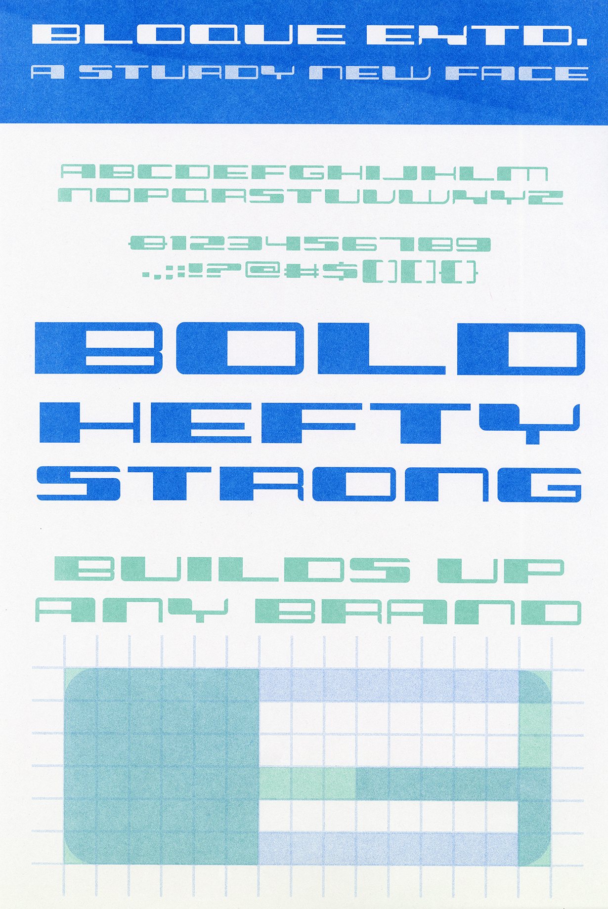 The Bloque alphabet applied to a poster layout, showing the blocky letterforms at large scale