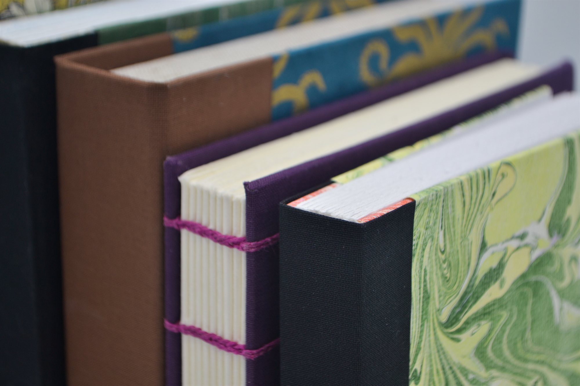 Close-up angled view of five bound book spines lined up, in black cloth, brown cloth, teal with a gold scroll pattern, purple cloth with exposed hand-sewn pink thread, and black with a green marbled cover