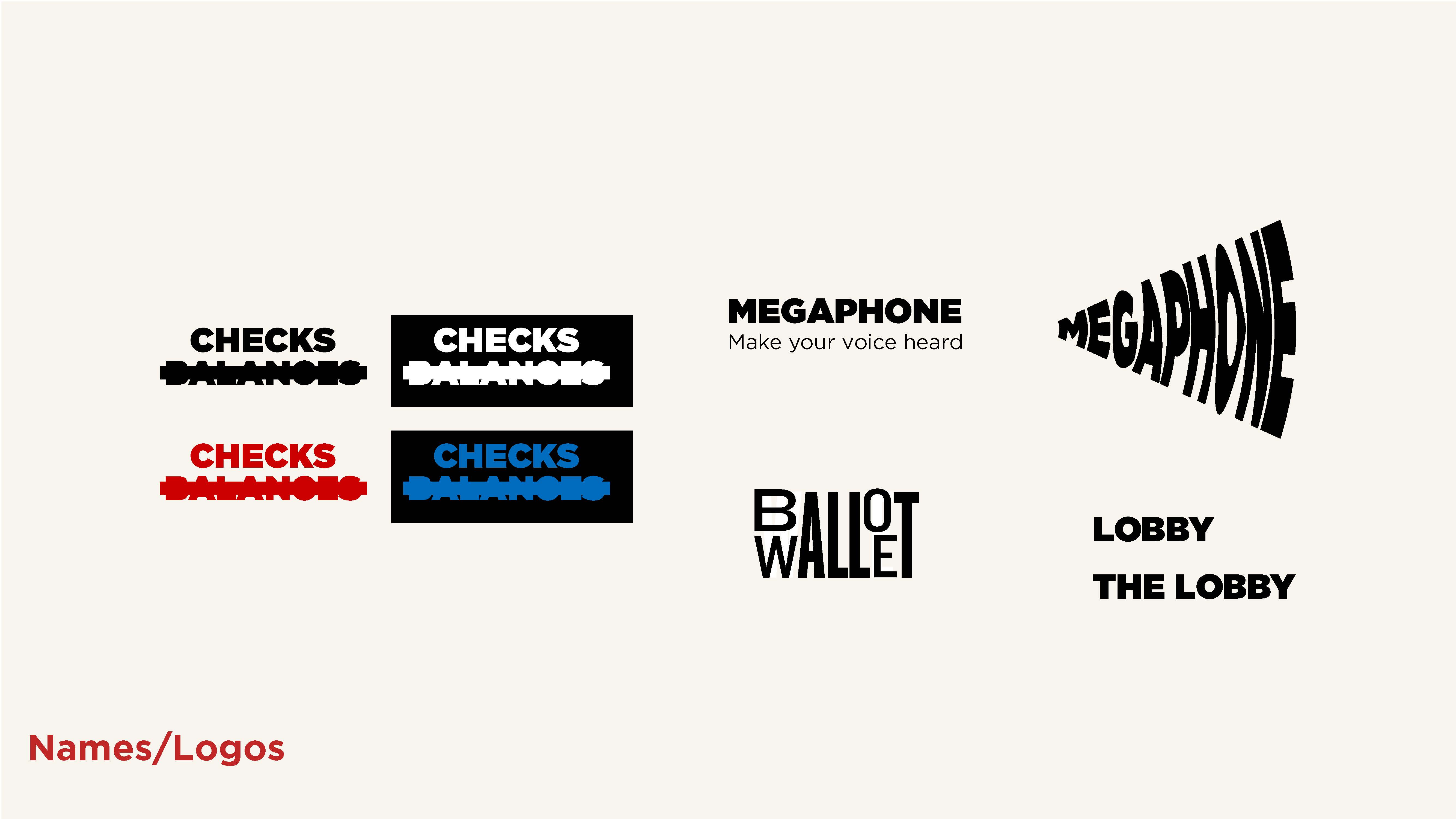 Naming and logo exploration comparing Checks & Balances lockups against alternative concept names: Megaphone, Ballot Wallet, and Lobby