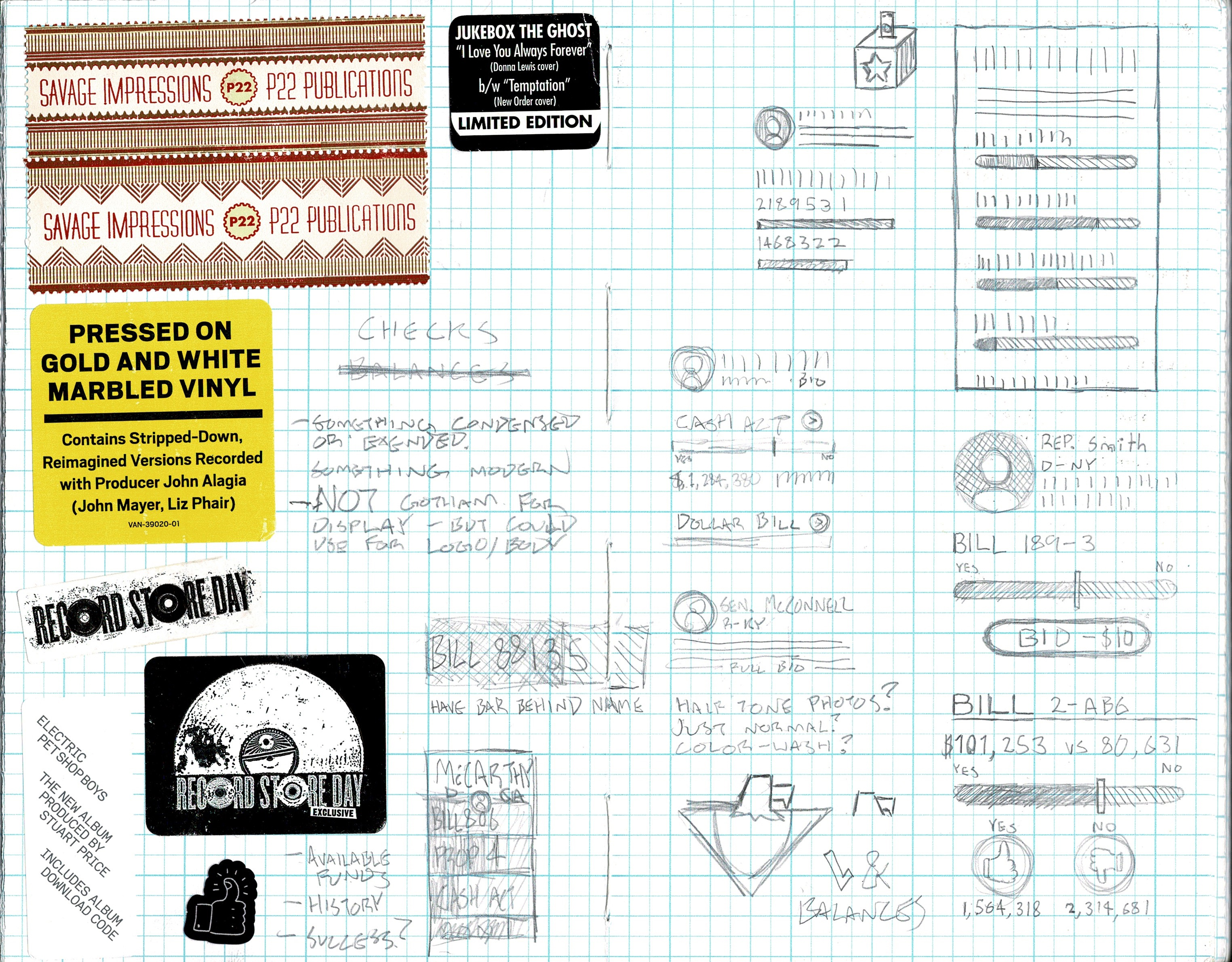 Photo of a sketchbook page with pencil sketches for the app's voting bars, representative rows, and early name ideas