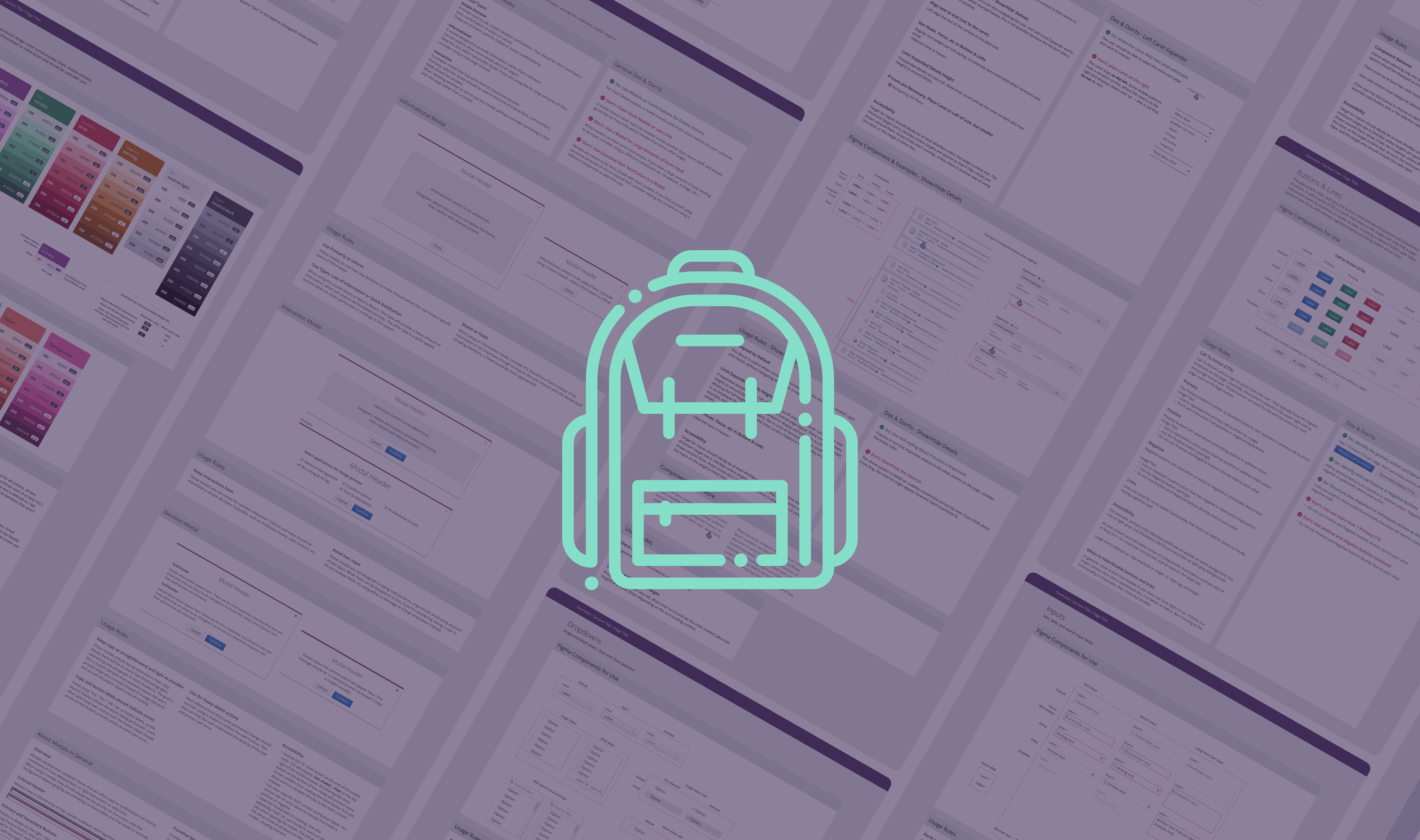 Angled grid of Backpack design system documentation pages fanning into the distance behind a mint-green backpack icon