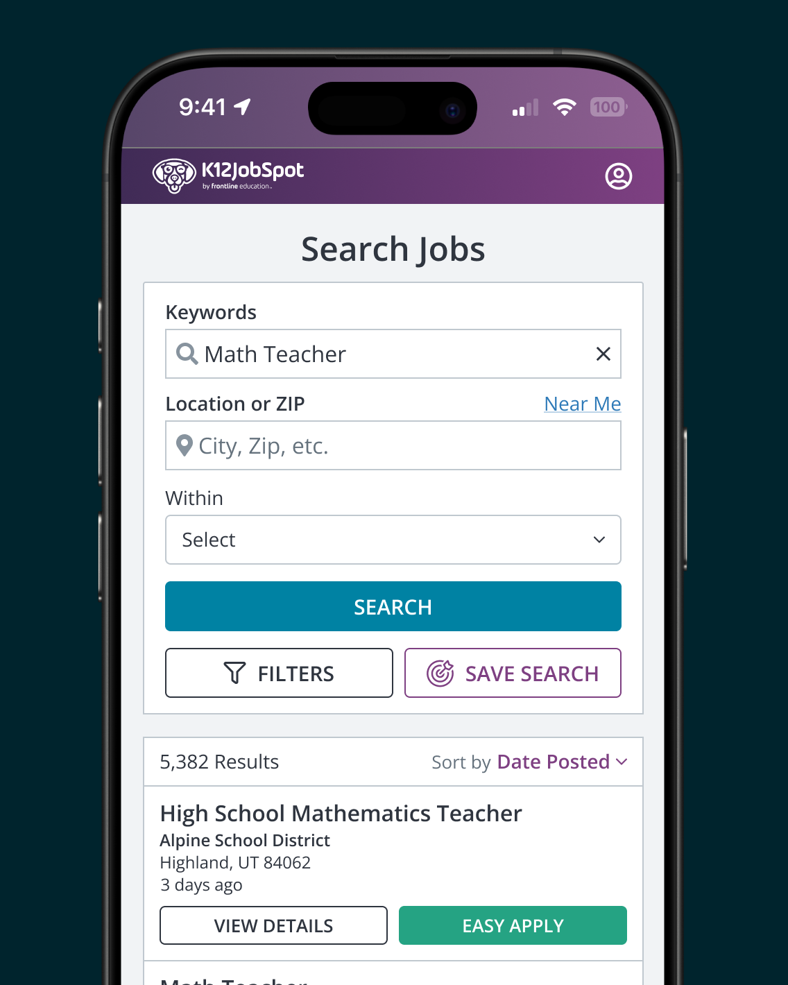 Phone mockup of K12JobSpot's job search results page, with an Easy Apply button on a High School Mathematics Teacher listing