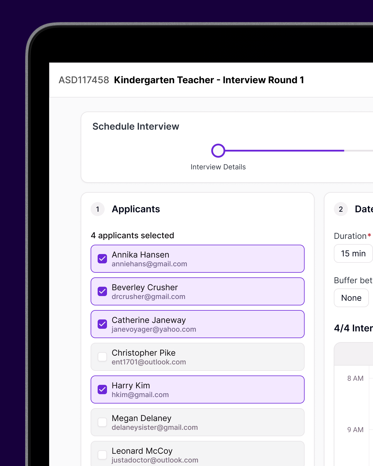 Tablet mockup of the Recruiting & Hiring interview scheduler's Schedule Interview panel, with four applicants selected on the left and interview date and duration fields on the right