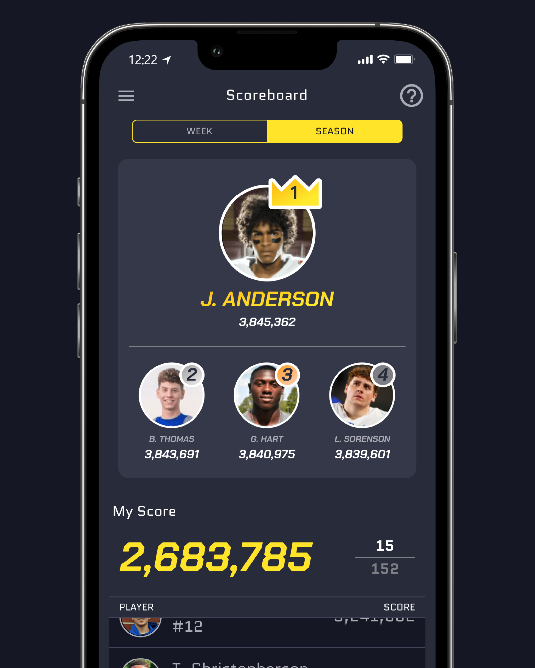 Phone mockup of the Team Nation Scoring app's season Scoreboard, showing a leaderboard topped by J. Anderson above the user's own score