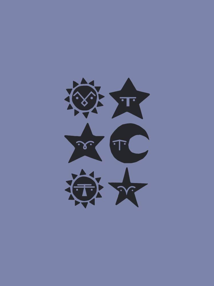 A grid of six black sun, star, and moon face icons on a lavender background, representing the Fabric Design project