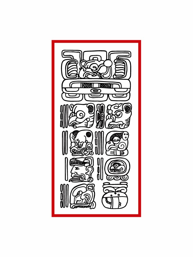 A hand-drawn codex page bordered in red ink, showing a large glyph block at the top and four rows of paired glyphs below, representing the Maya Codex project