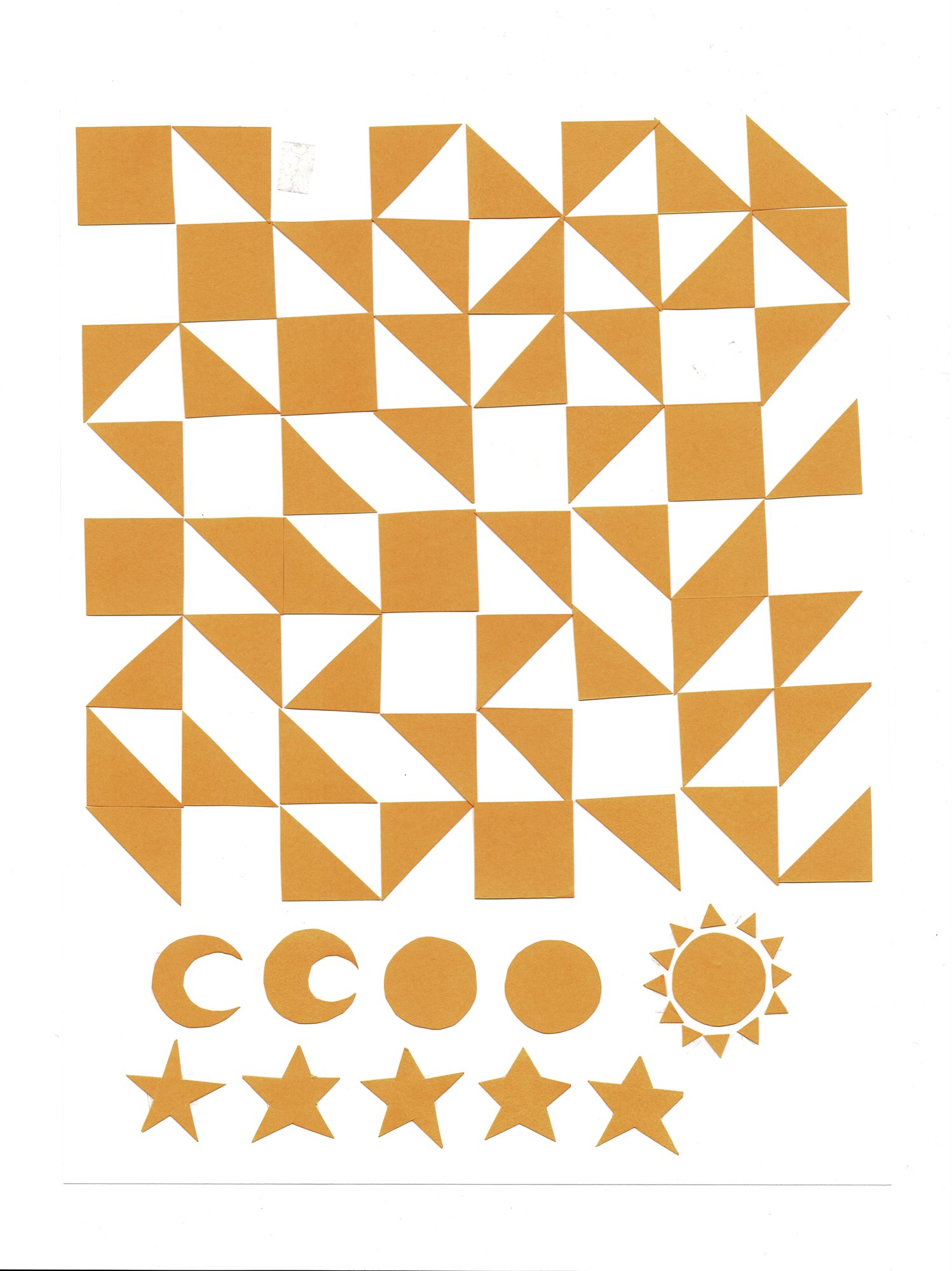 The original paper collage: a mustard-colored triangle grid cut from paper, with separate moon, sun, and star shapes cut out below it