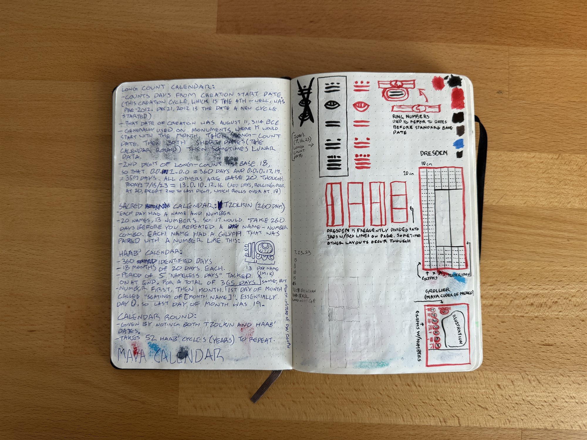 A sketchbook spread titled Maya Calendar, notes on the Long Count, Tzolk'in, and Haab' systems, alongside a diagram of a Dresden Codex page layout and its red-ruled columns