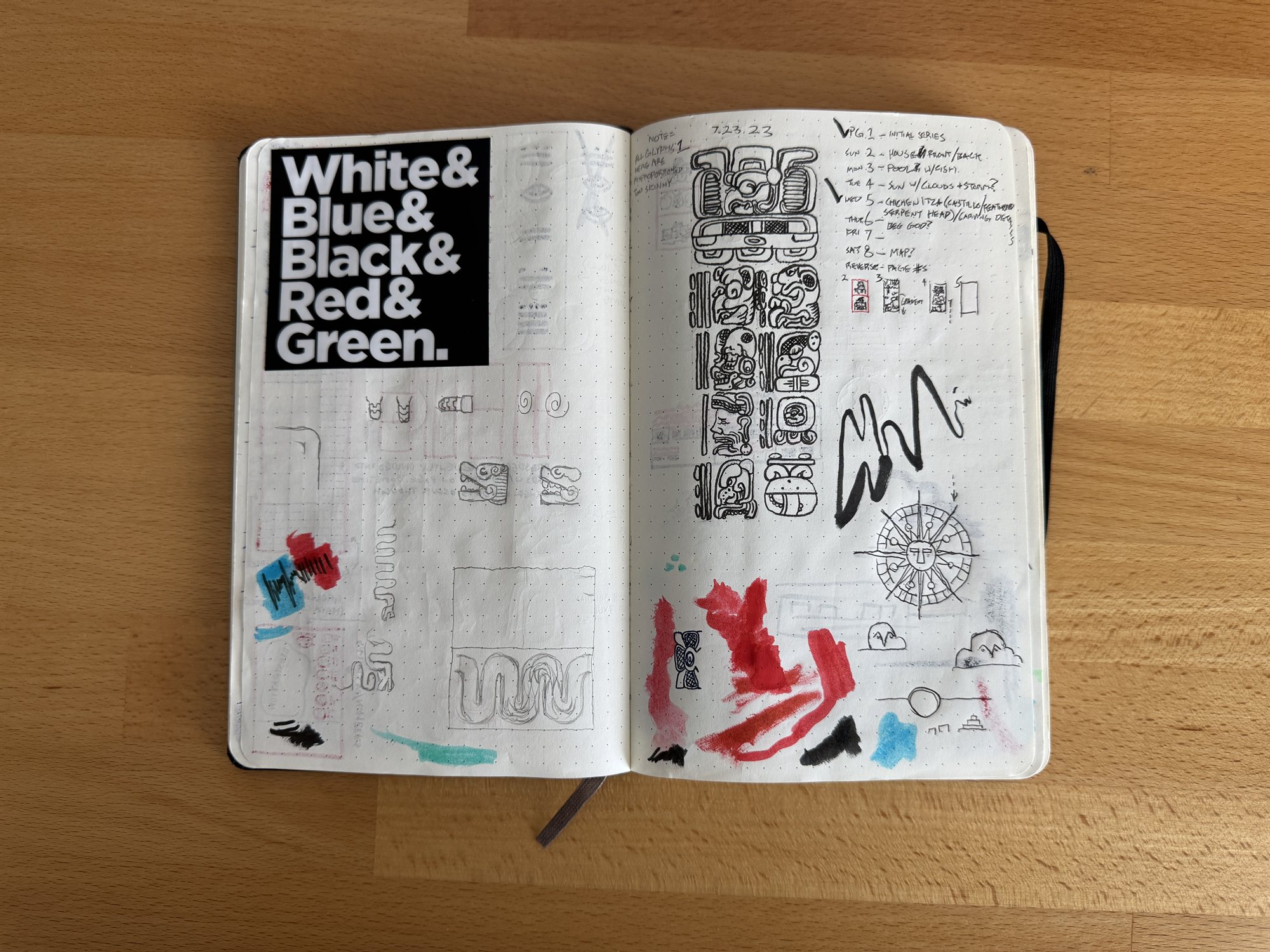 A sketchbook spread headed White and Blue and Black and Red and Green, the traditional codex color palette, with glyph motif studies and a day-by-day itinerary sketched out for the trip