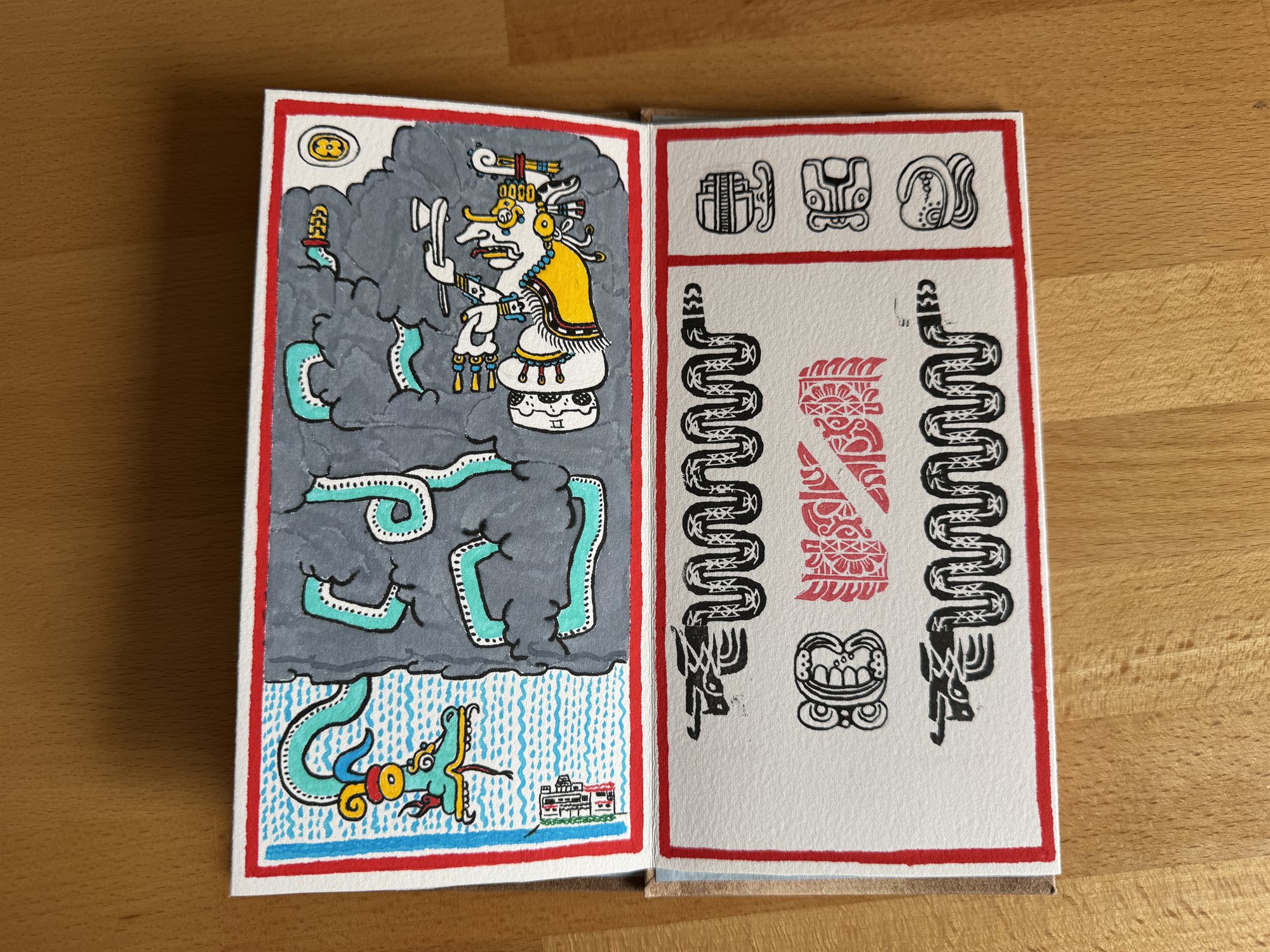 A two-page spread: a storm god in an elaborate headdress wielding an axe amid gray clouds and teal lightning on the left page, and a black woven step-fret border pattern with a red glyph block at its center on the right page