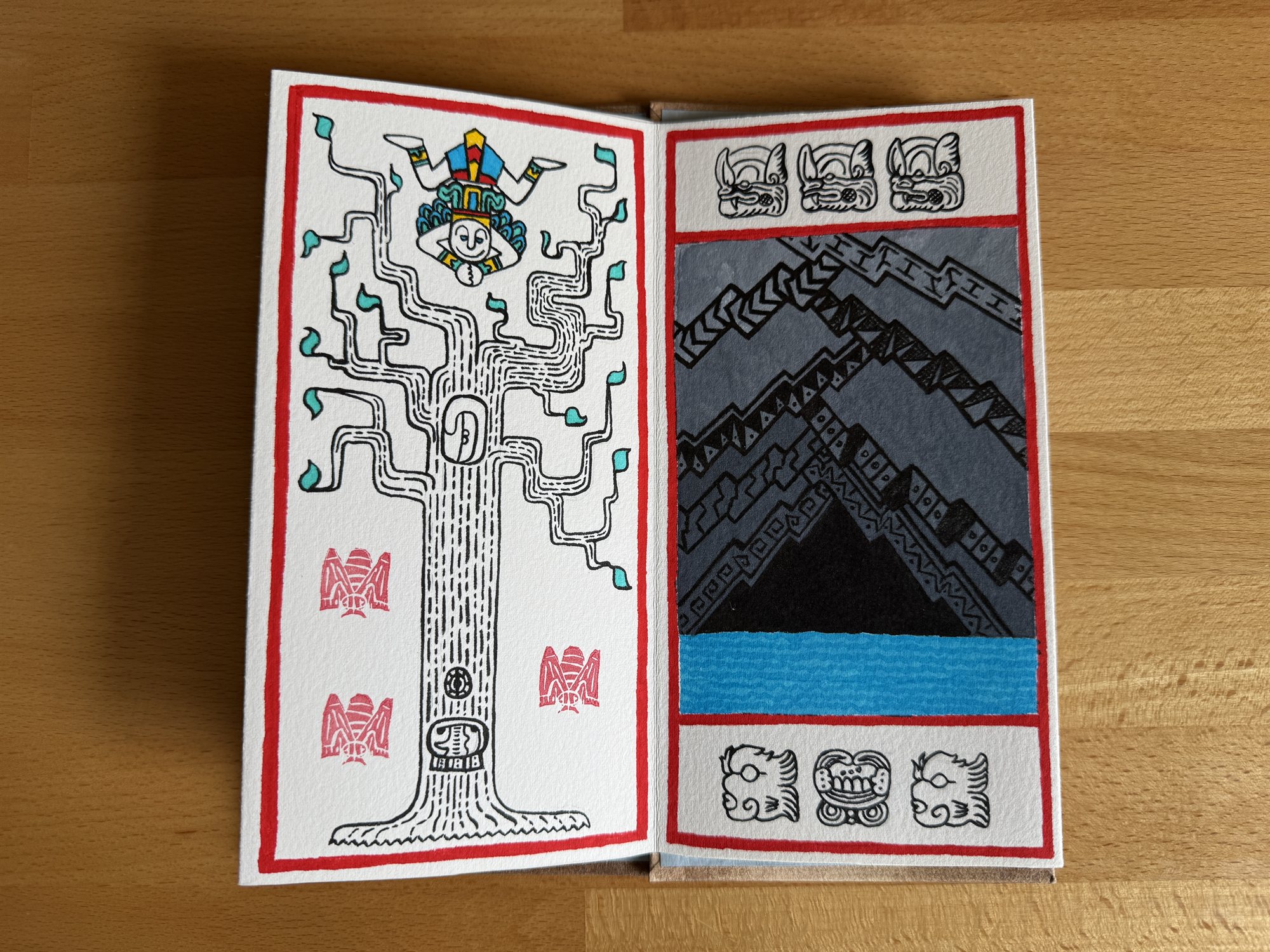 A two-page spread: an upside-down diving god perched atop a gnarled, maze-rooted tree on the left page, and a gray stepped pyramid rising from blue water, framed by rows of animal-head glyphs, on the right page