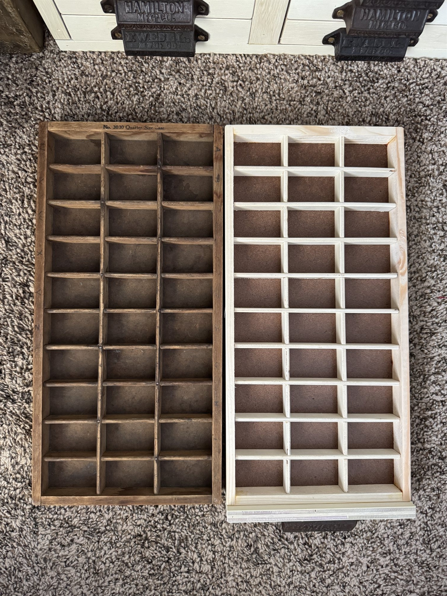 Side-by-side comparison of a newly built case tray in pale plywood next to the weathered antique Hamilton No. 3030 Quarter Size Case it was modeled on